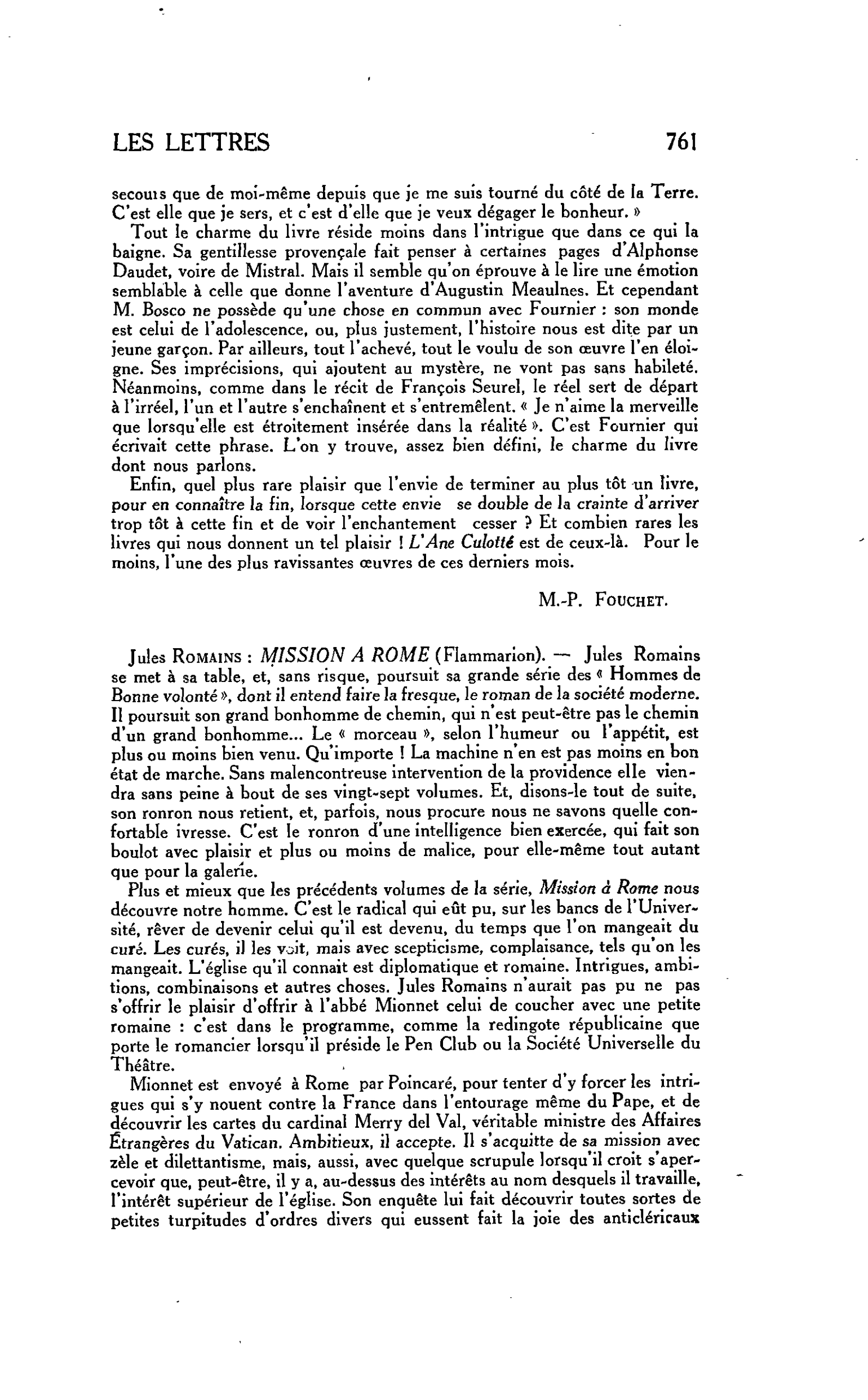 LES LETTRES. Jules Romains : MISSION A ROME