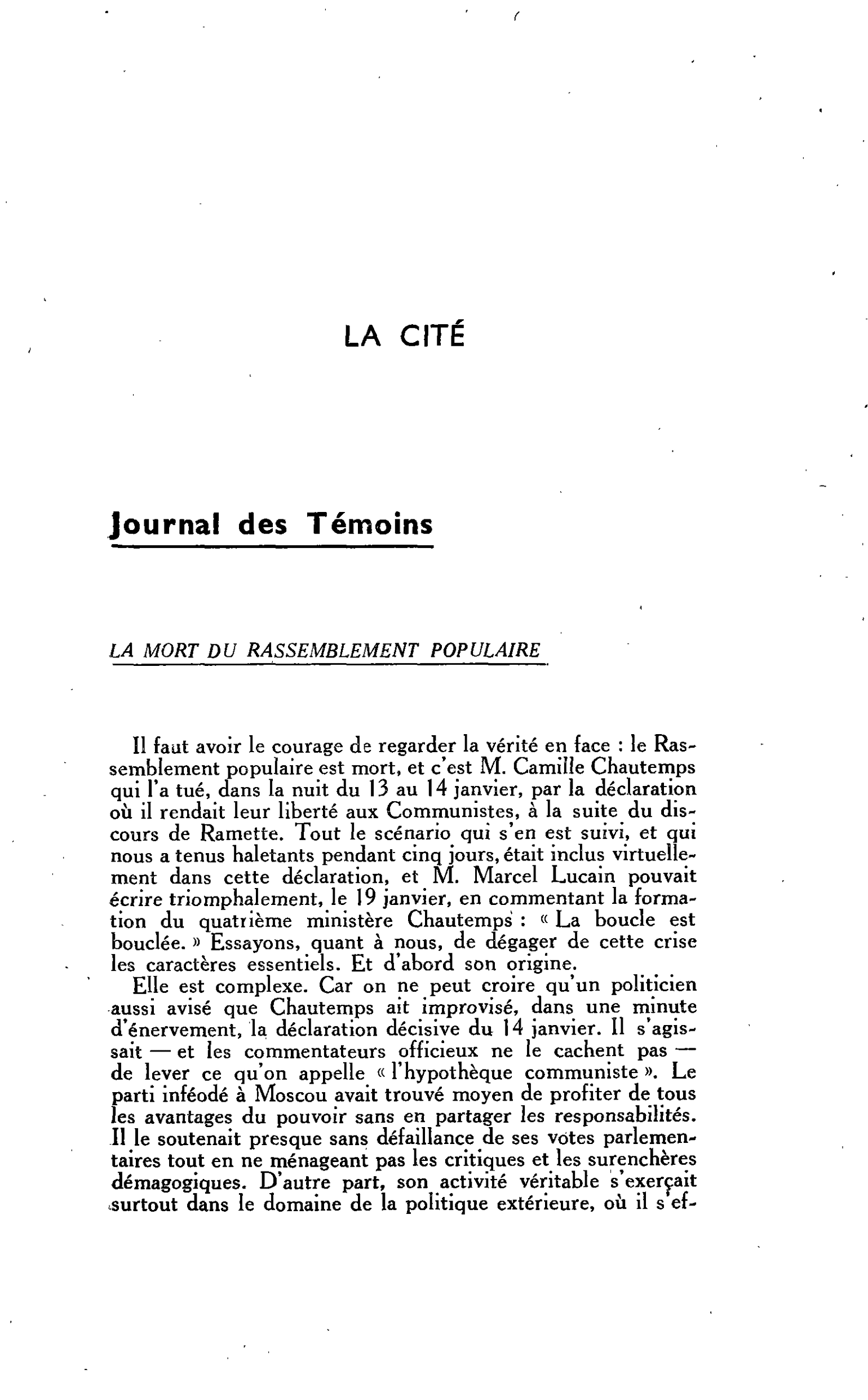 LA CITÉ. Journal des Témoins : LA MORT DU RASSEMBLEMENT POPULAIRE