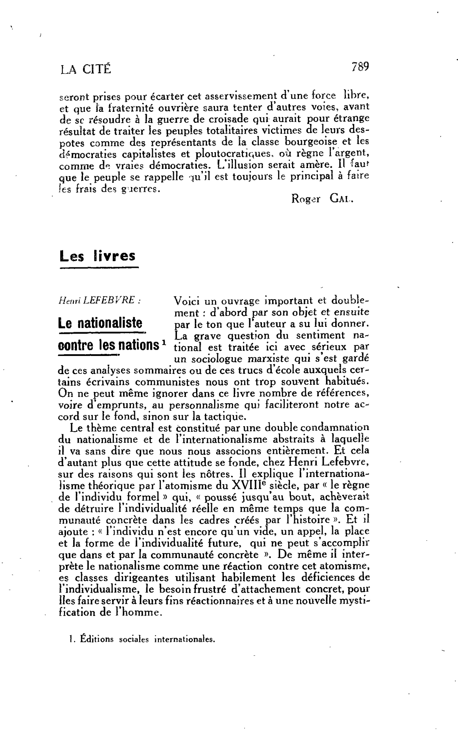 LA CITÉ. Les livres. Henri LEFEBVRE : Le nationaliste contre les nations