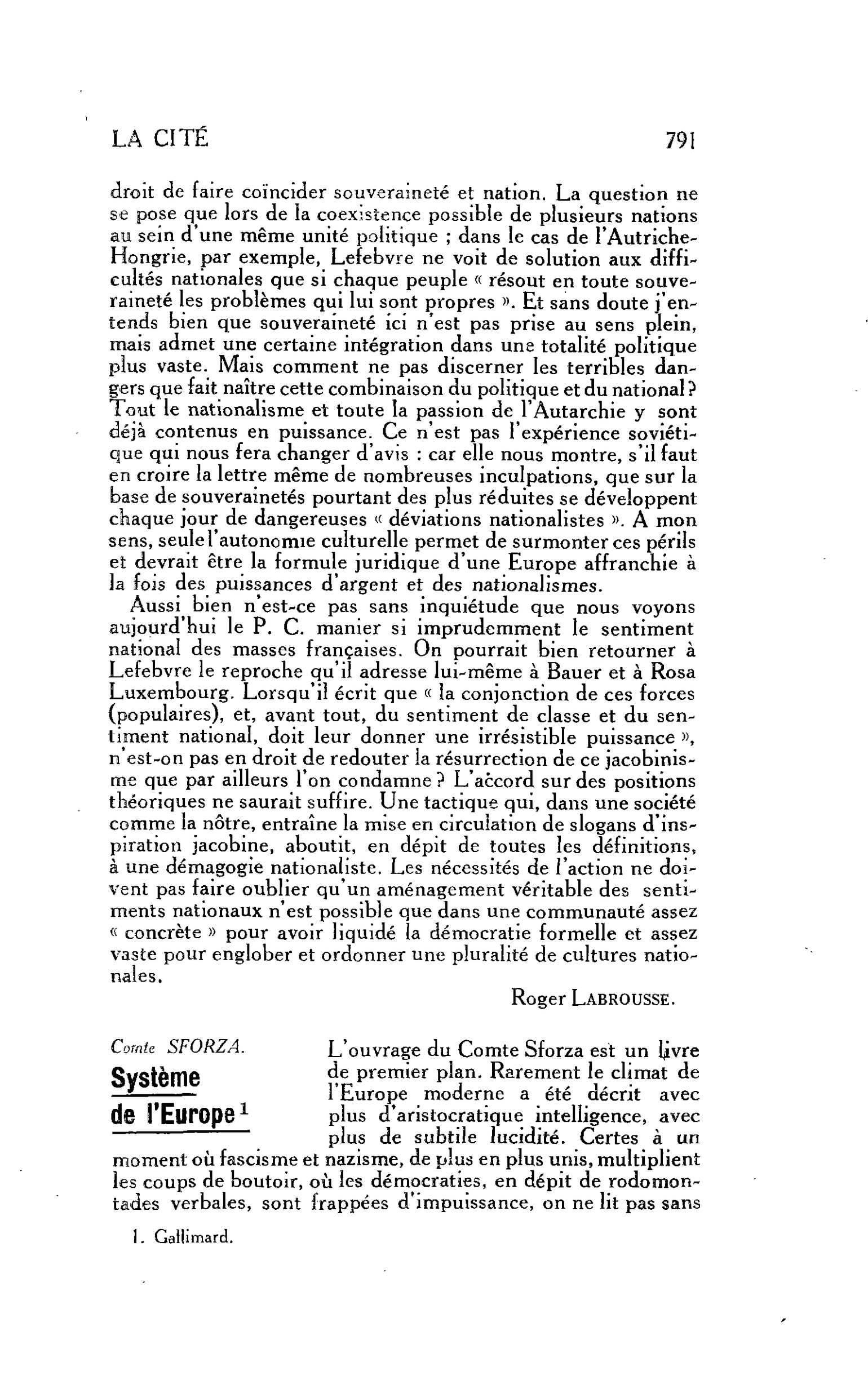 LA CITÉ. Comte. SFORZA. Système de l’Europe