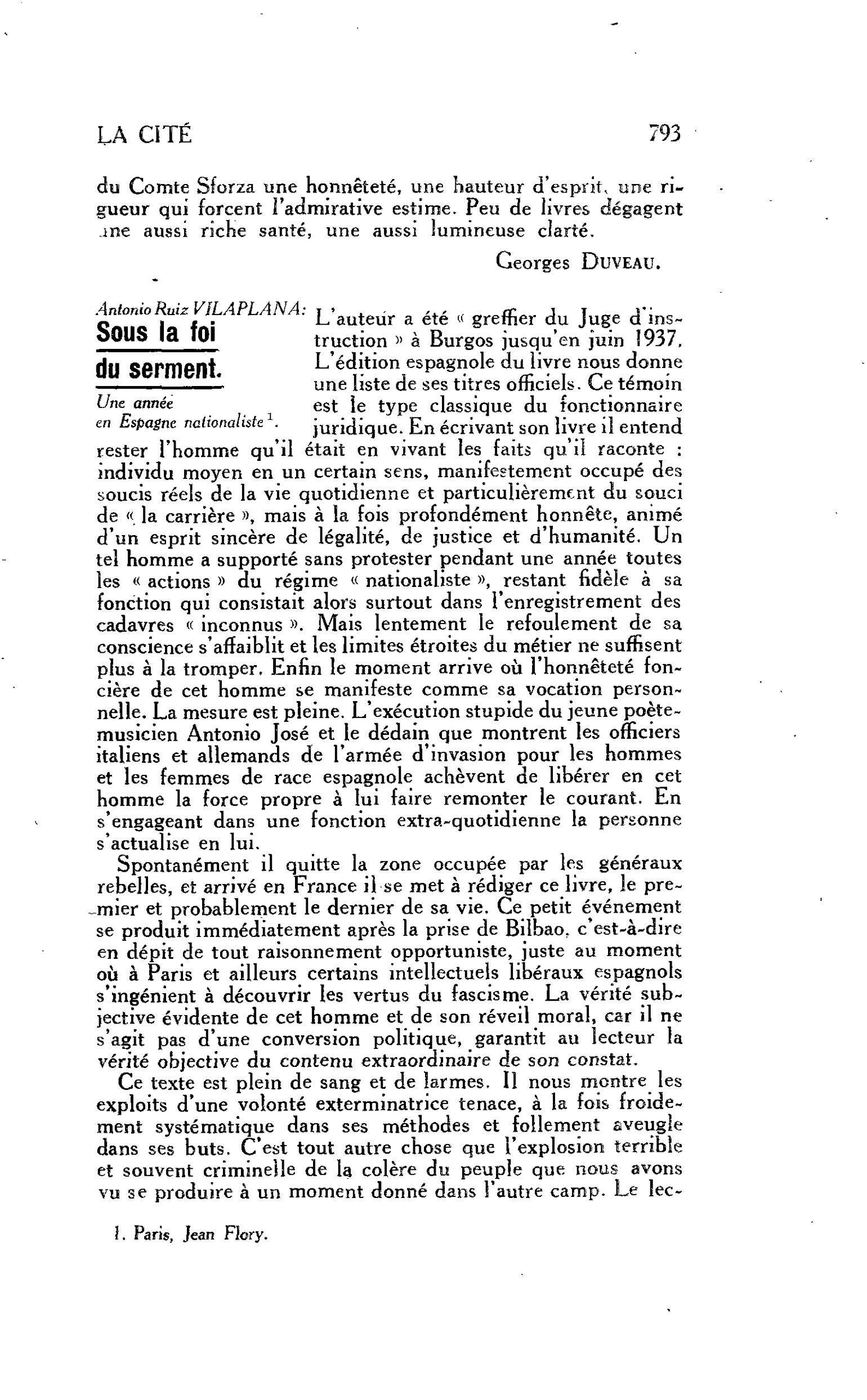 LA CITÉ. Antonio Ruiz. VILAPLANA : Sous la foi du serment. Une année en Espagne nationaliste