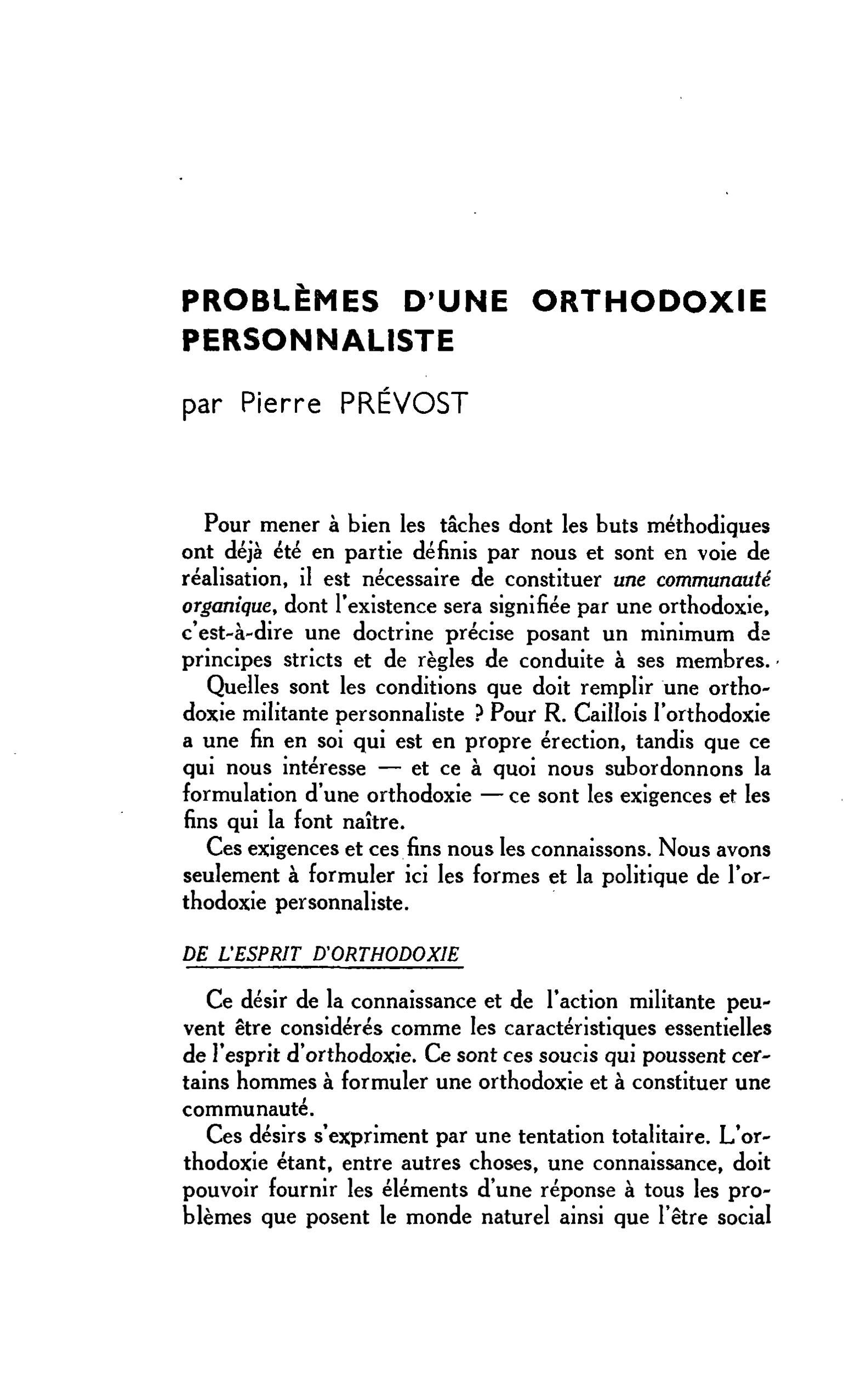 PROBLÈMES DUNE ORTHODOXIE PERSONNALISTE