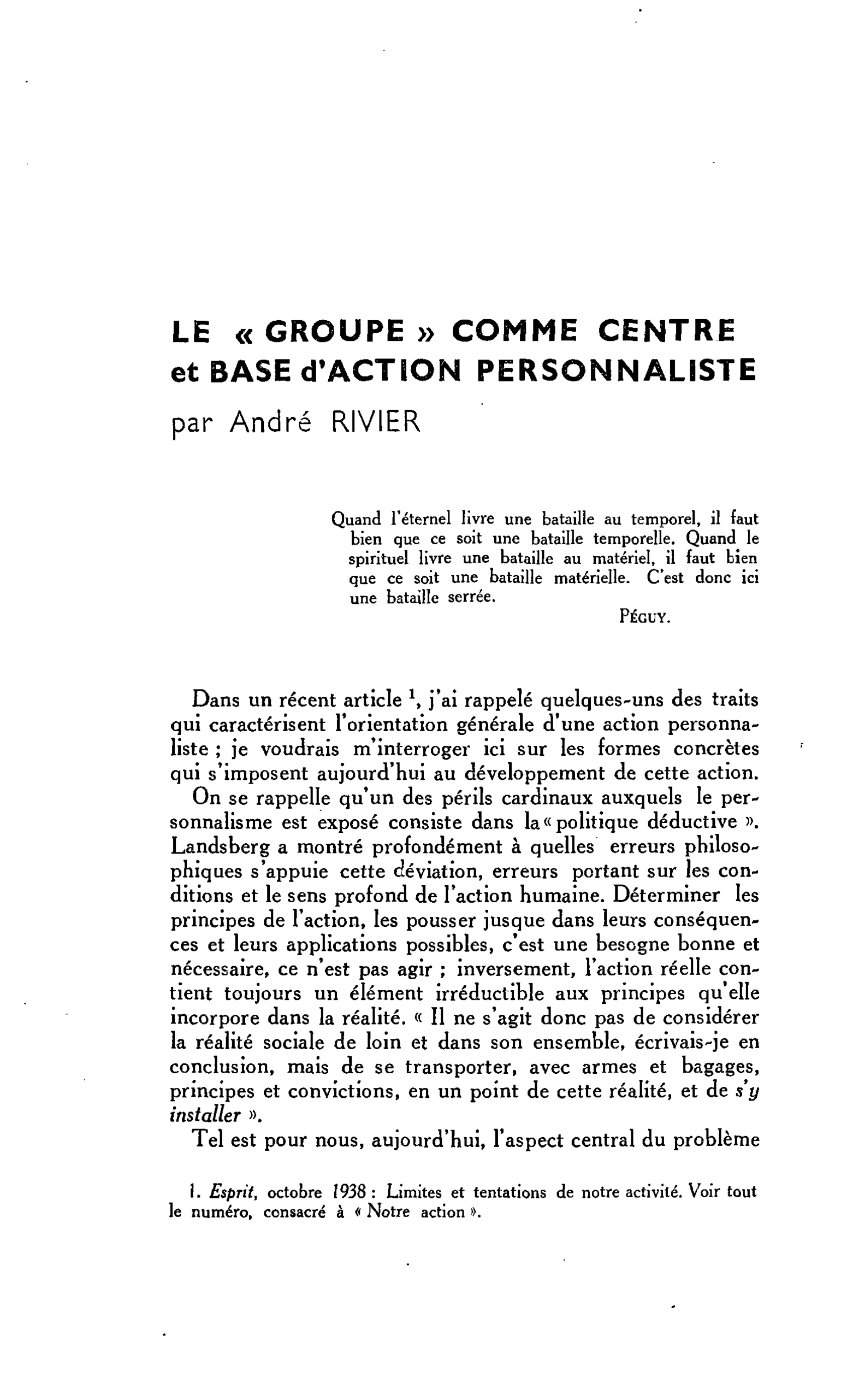 LE « GROUPE » COMME CENTRE et BASE d’ACTION PERSONNALISTE