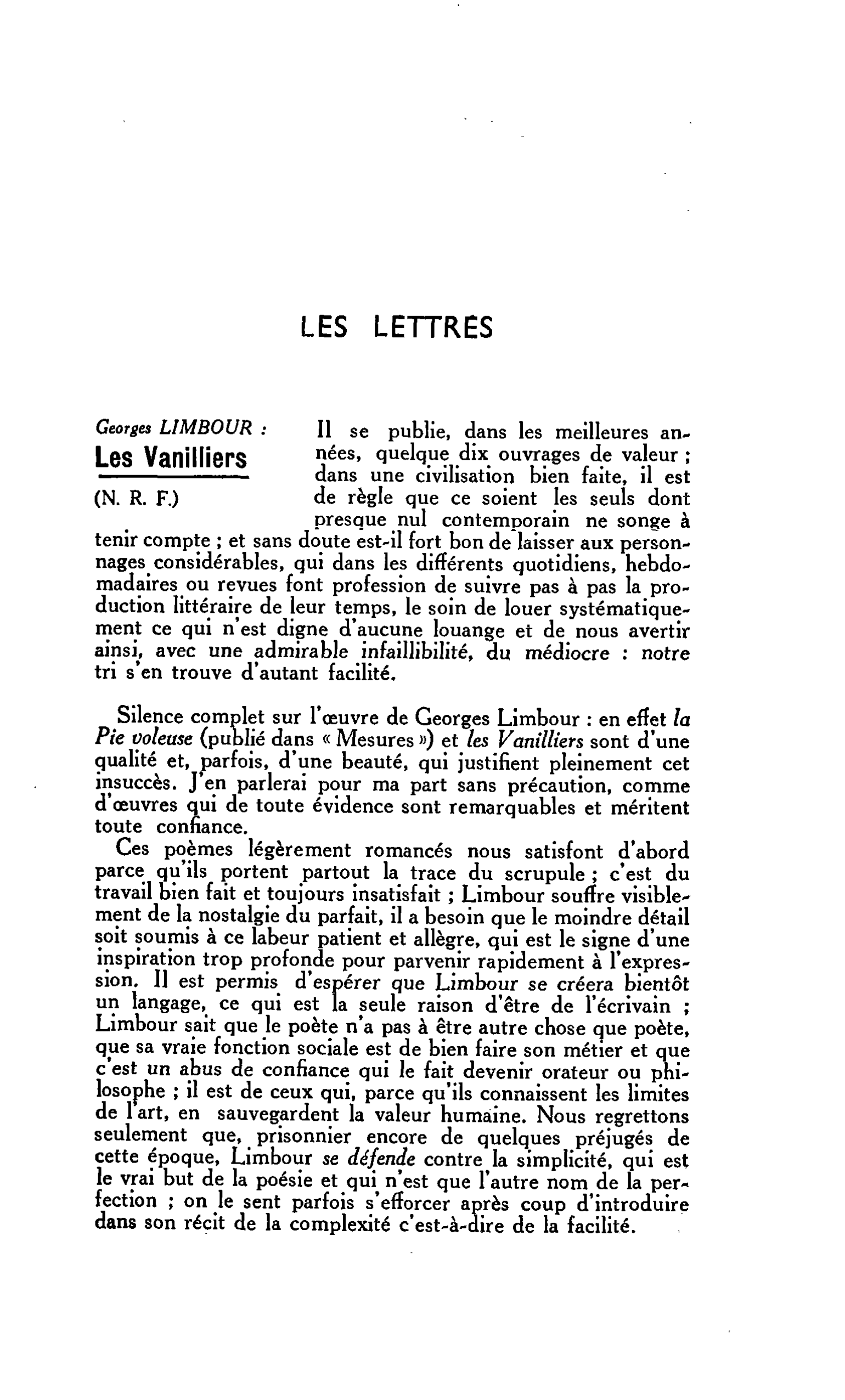 LES LETTRES. Georges LIMBOUR : Les Vanilliers
