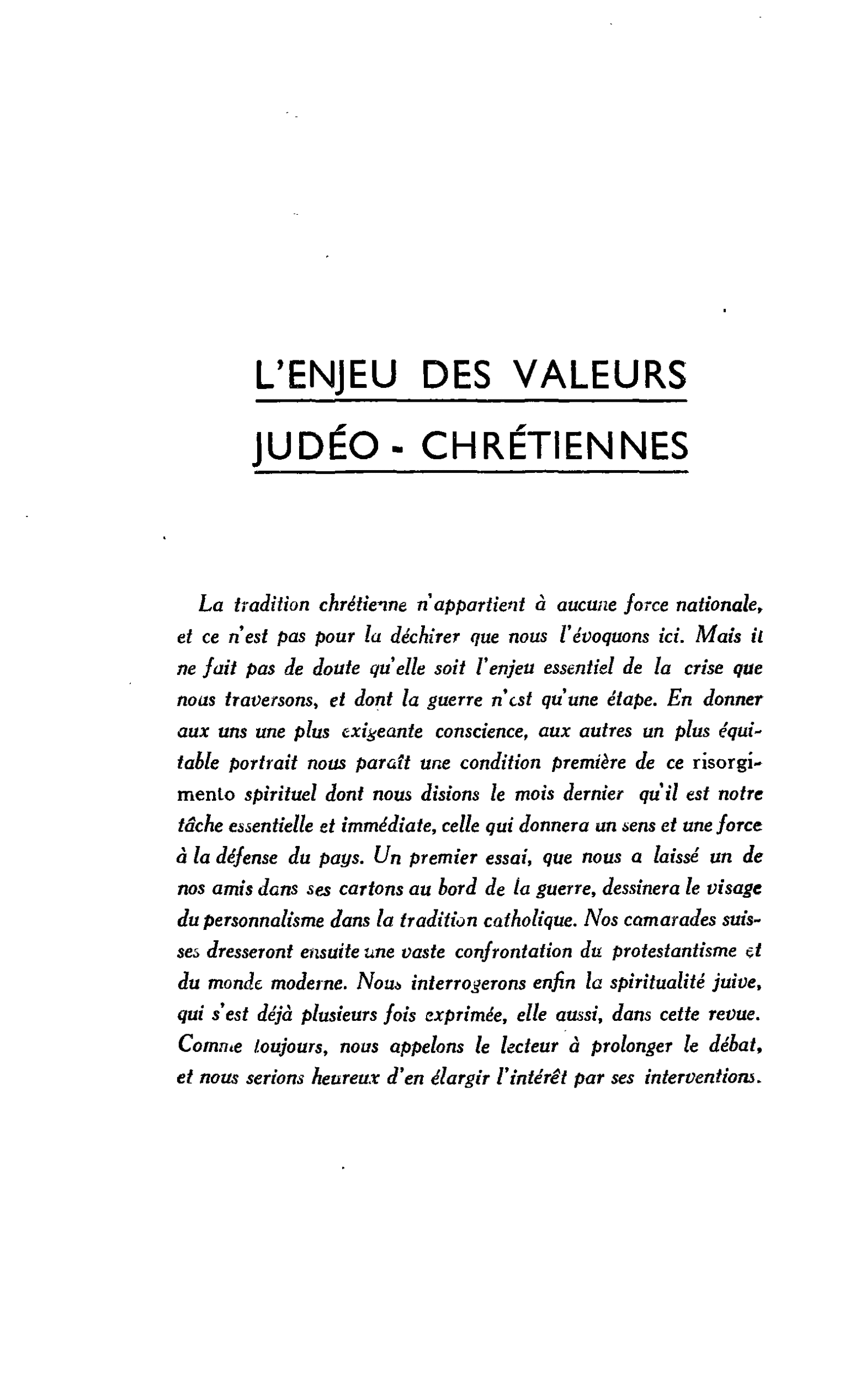 L’ENJEU DES VALEURS JUDÉO- CHRÉTIENNES