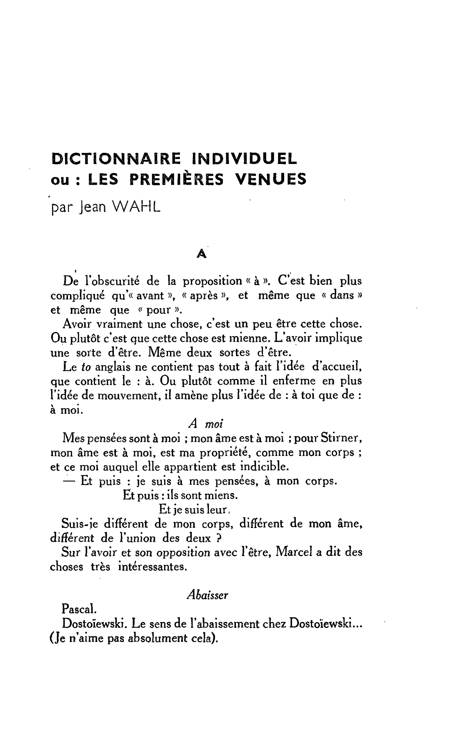 DICTIONNAIRE INDIVIDUEL ou : LES PREMIÈRES VENUES