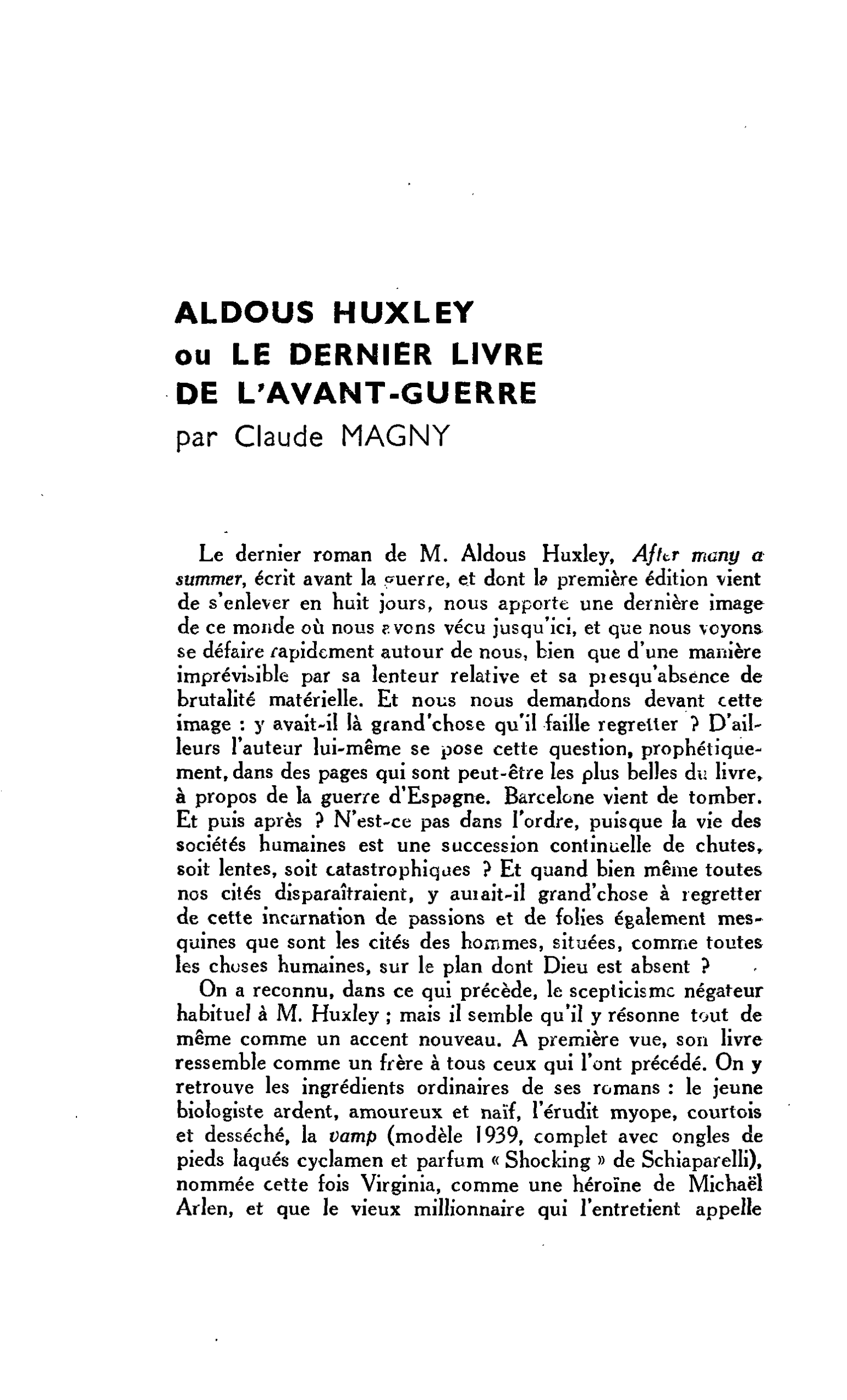 ALDOUS HUXLEY ou LE DERNIER LIVRE DE L’AVANT-GUERRE