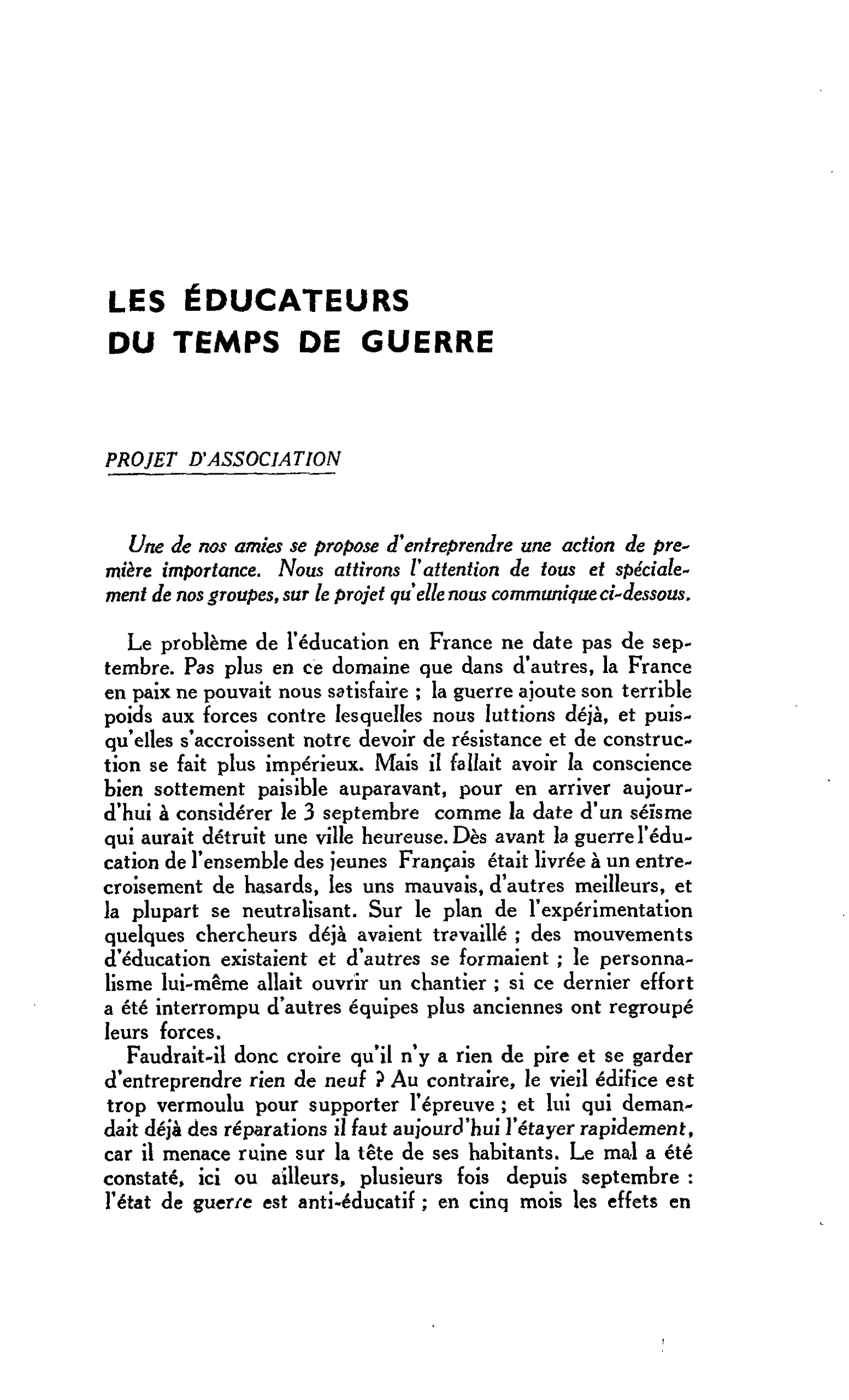 LES ÉDUCATEURS DU TEMPS DE GUERRE