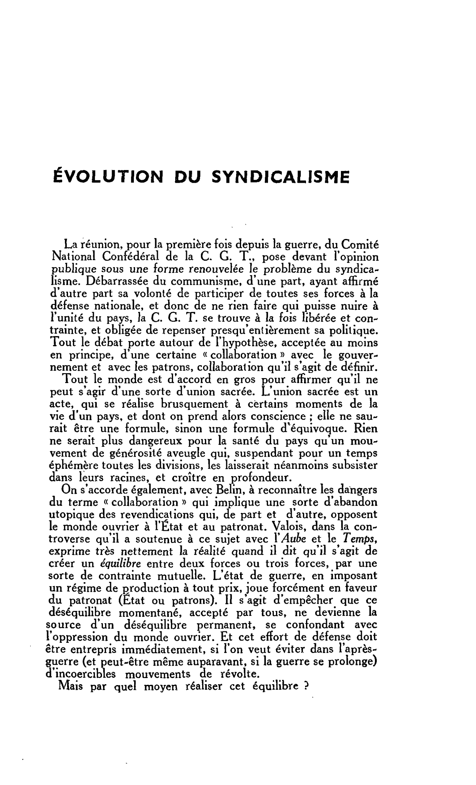 ÉVOLUTION DU SYNDICALISME