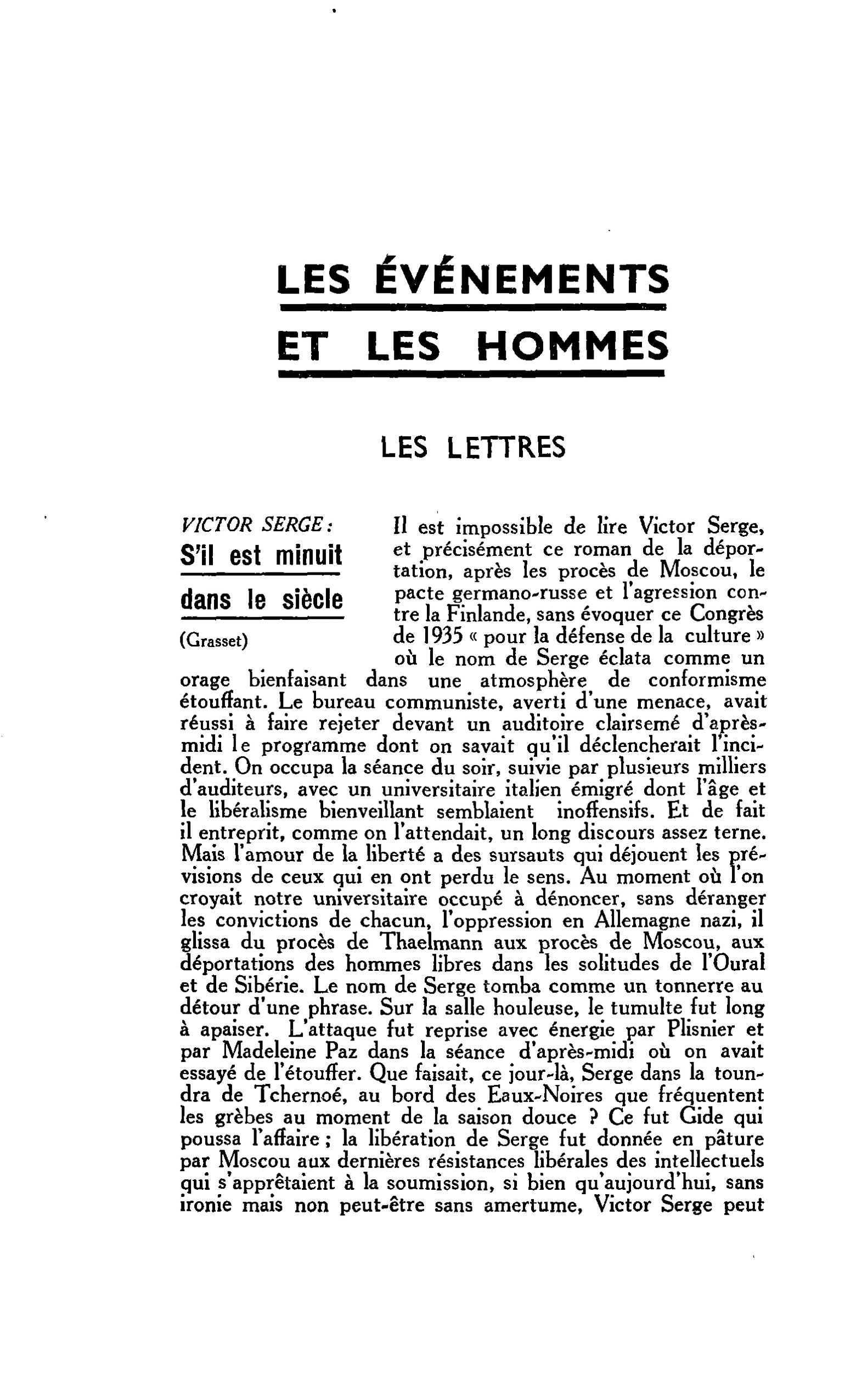 LES LETTRES. VICTOR SERGE : S’il est minuit dans le siècle