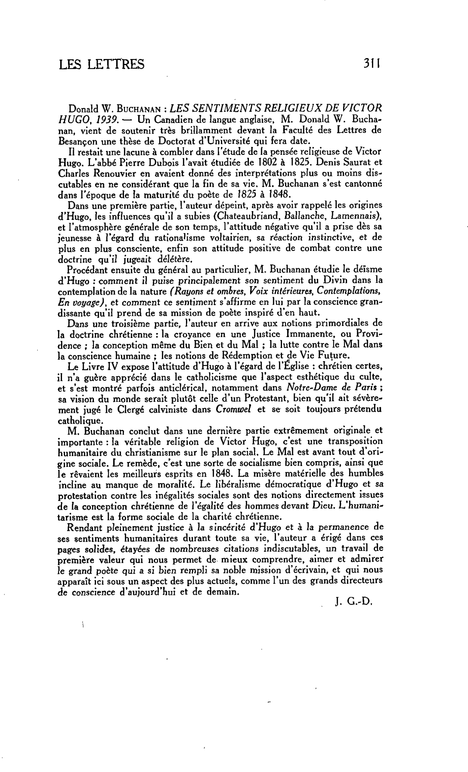 LES LETTRES. Donald W. Buchanan : LES SENTIMENTS RELIGIEUX DE VICTOR