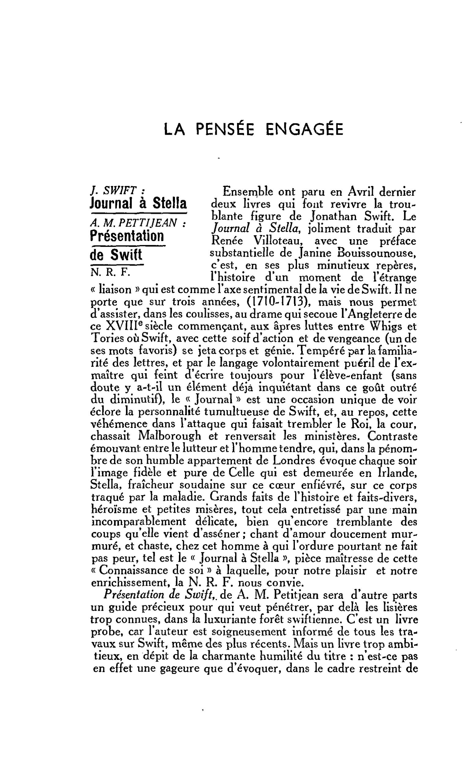 LA PENSÉE ENGAGÉE. J. SWIFT : Journal à Stella. A. M. PETTIJEAN : Présentation de Swift