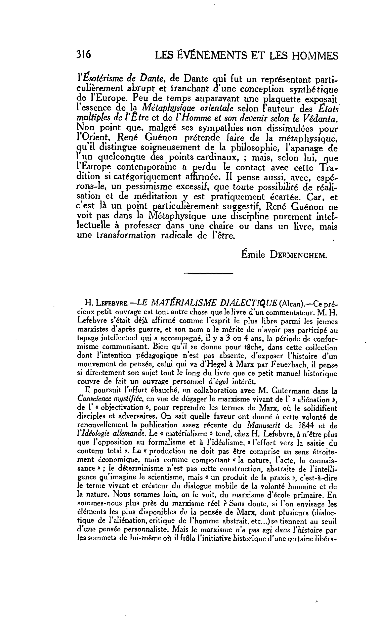 LA PENSÉE ENGAGÉE. H. Lefebvre. - LE MATÉRIALISME DIALECTIQUE
