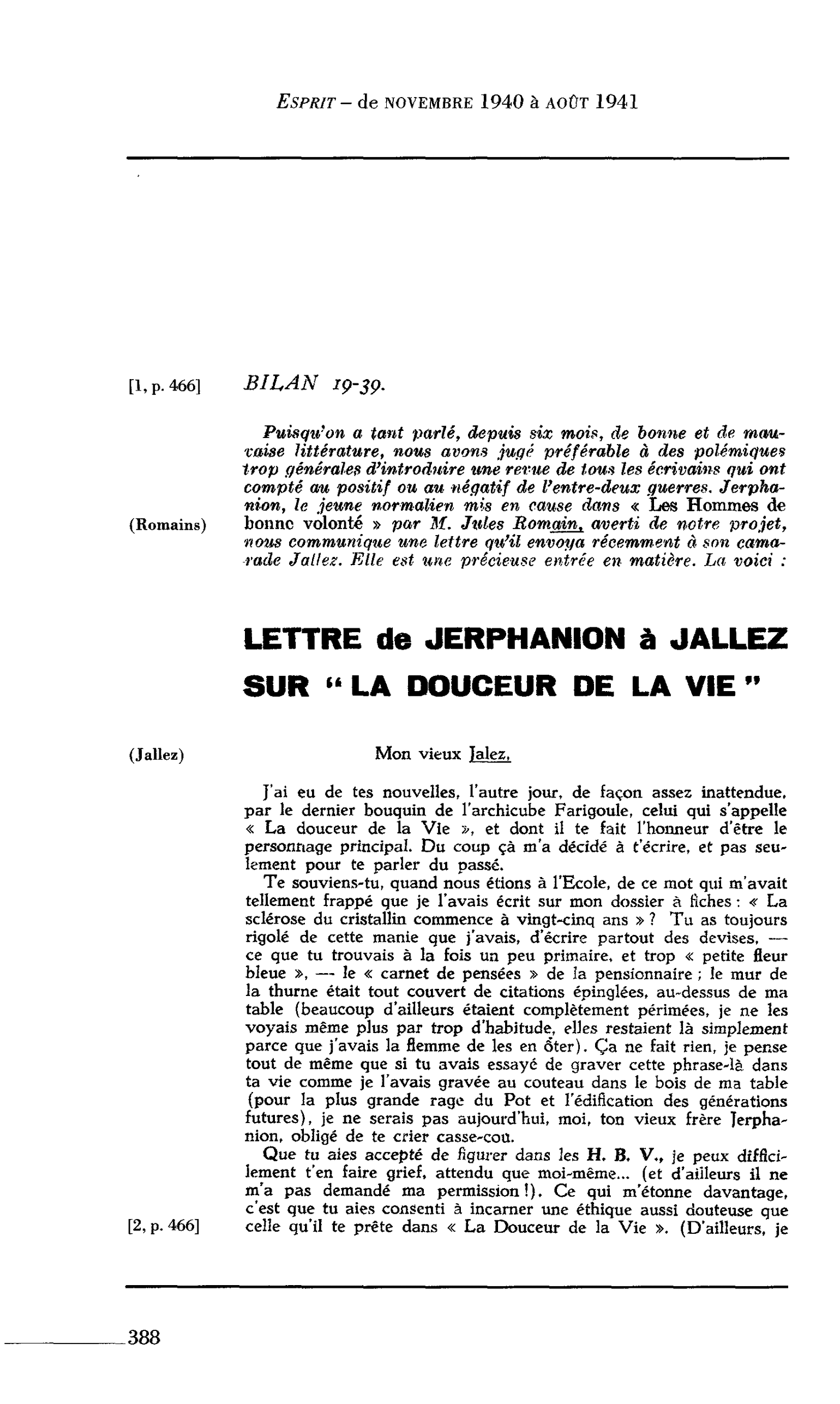 LETTRE de JERPHANION à JALLEZ SUR « LA DOUCEUR DE LA VIE »