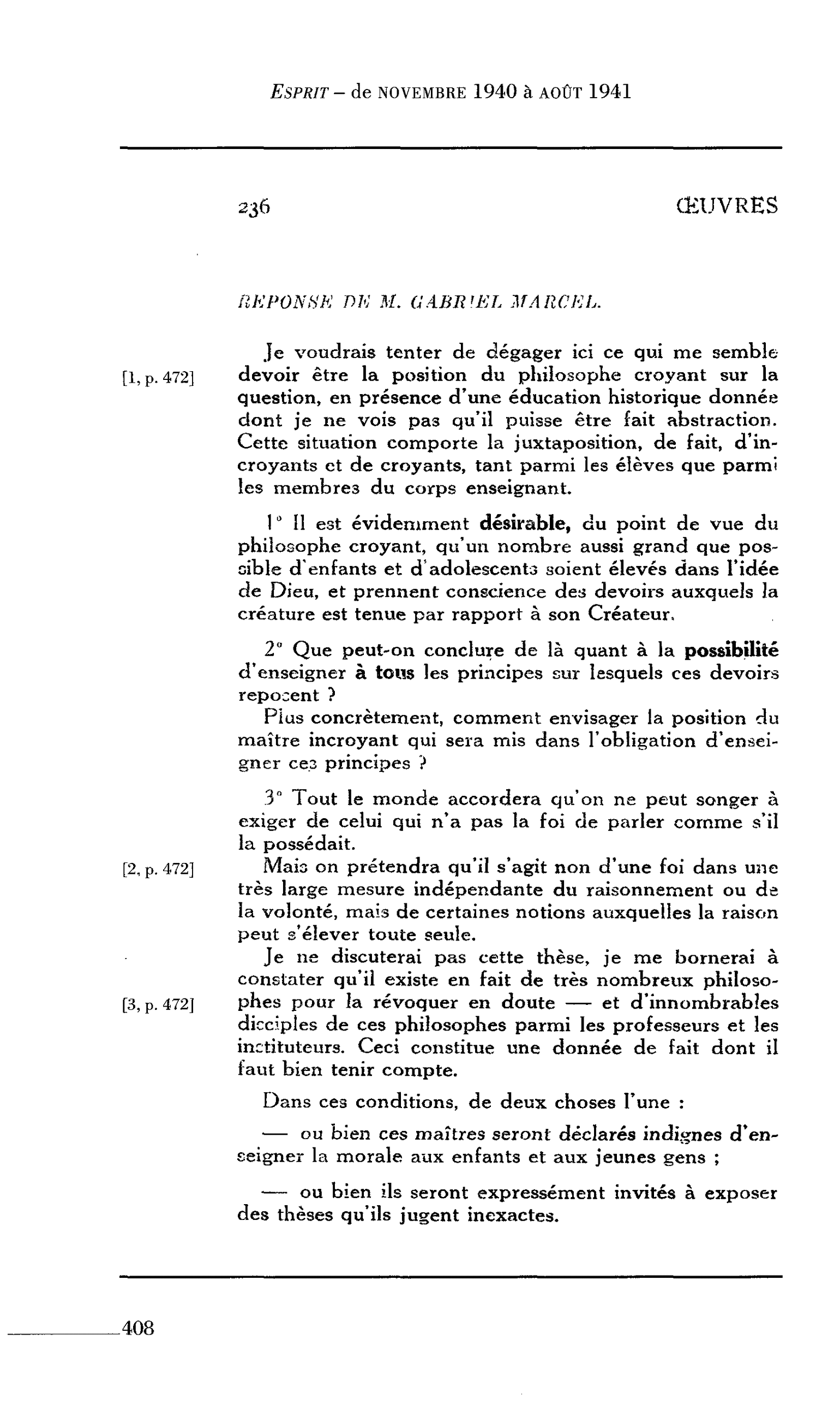 DIEU A L’ÉCOLE : REPONSE DE M. GABRIEL MARCEL