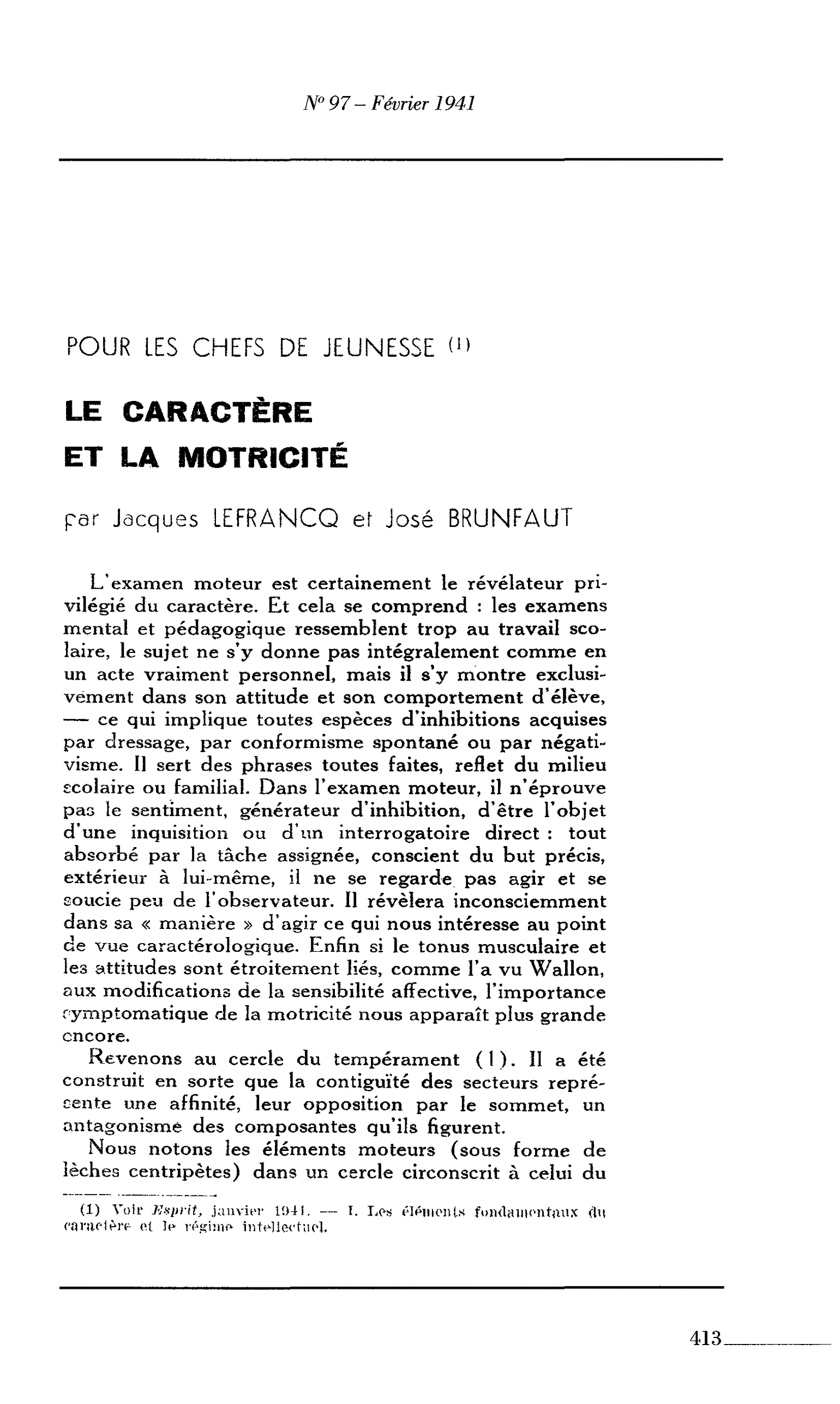 POUR LES CHEFS DE JEUNESSE LE CARACTÈRE ET LA MOTRICITÉ