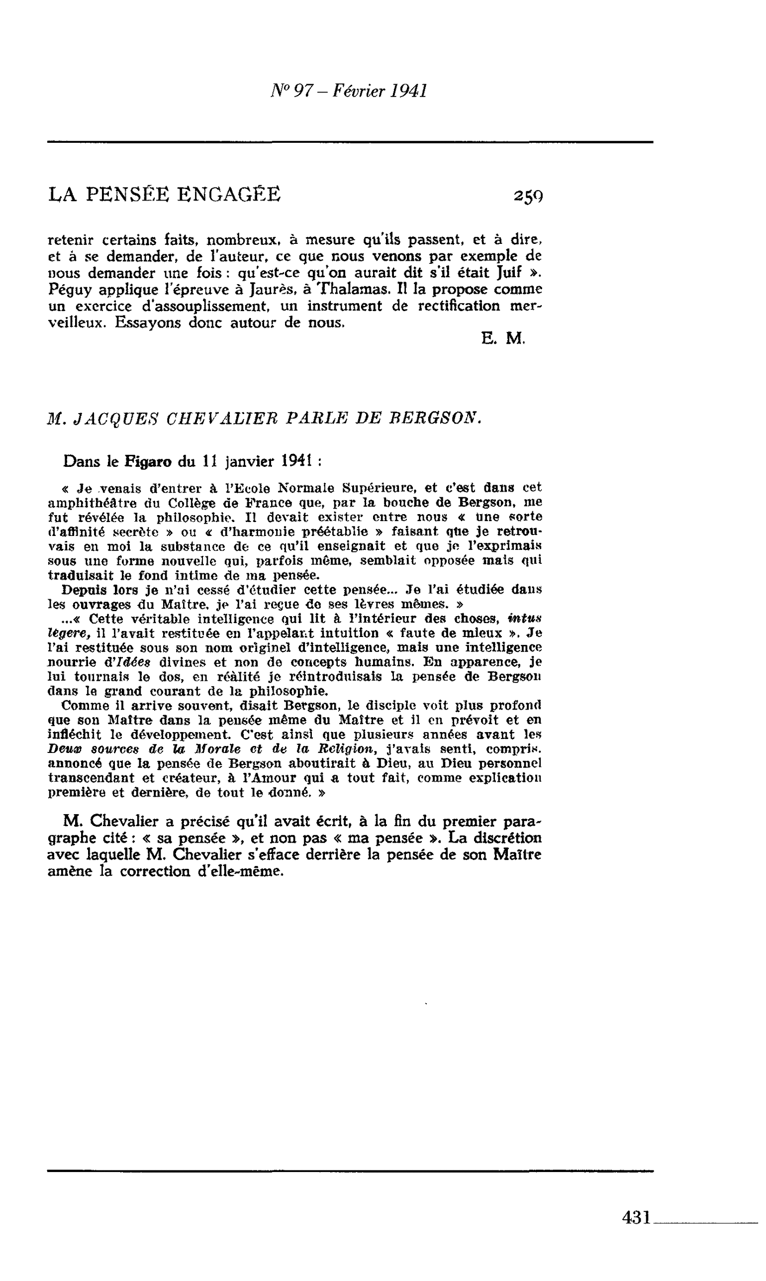 La Pensée engagée : M. JACQUES CHEVALIER PARLE DE BERGSON