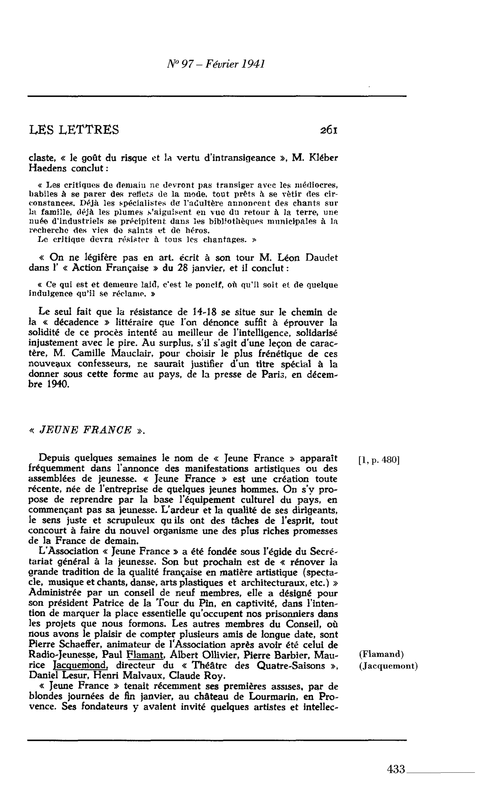Les Lettres : « JEUNE FRANCE »