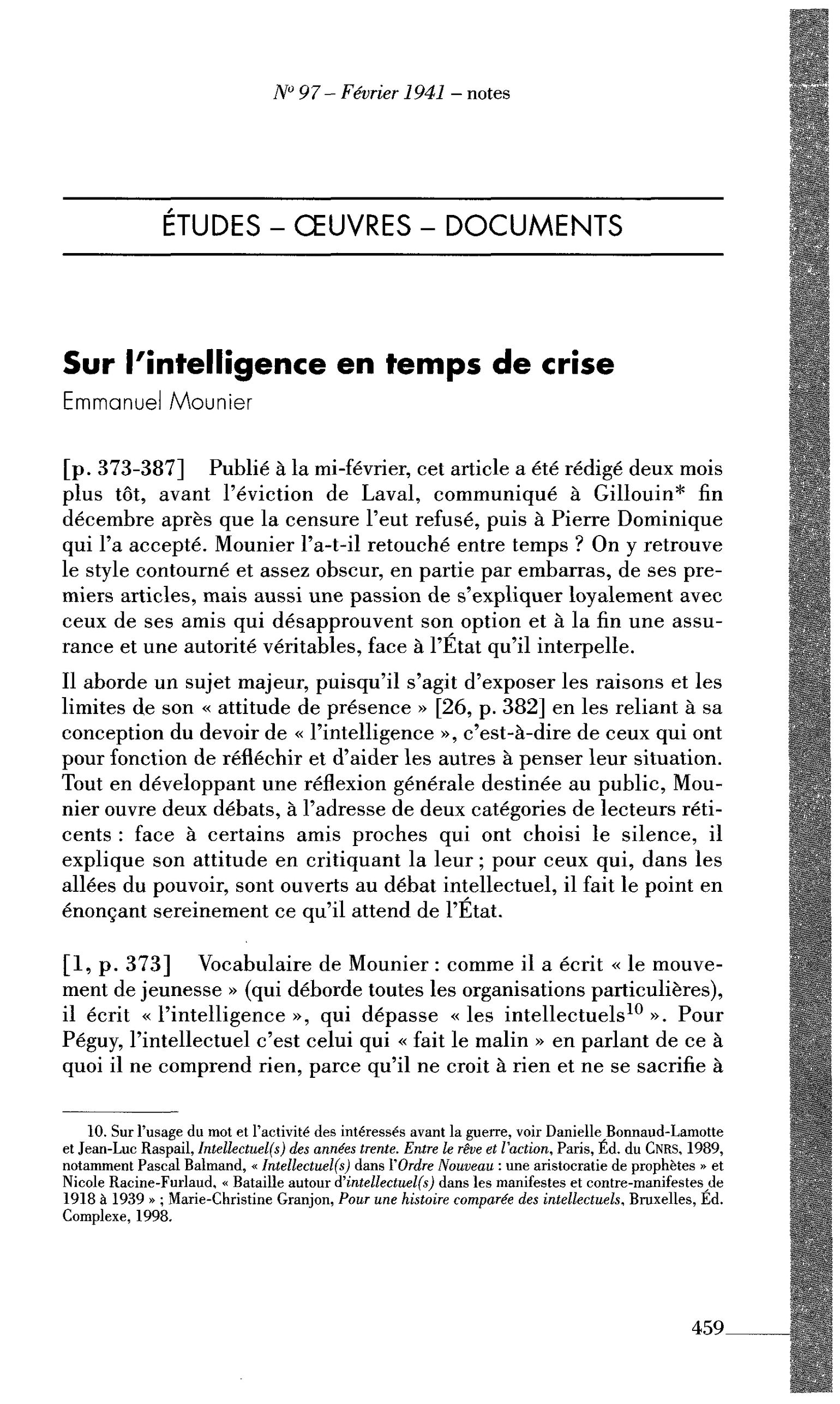 Sur l’intelligence en temps de crise (par Mounier Emmanuel)