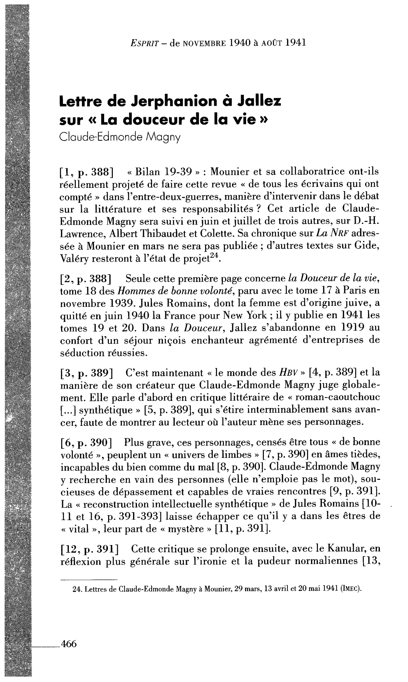 Lettre de Jerphanion à Jallez sur « La douceur de la vie » (par Magny Claude-Edmonde)