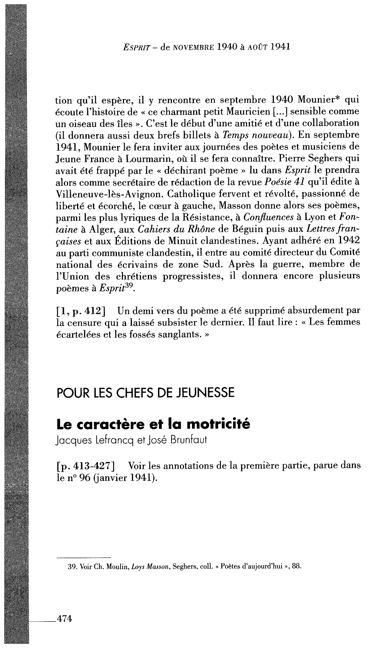 POUR LES CHEFS DE JEUNESSE : Le caractère et la motricité (par Lefrancq Jacques)