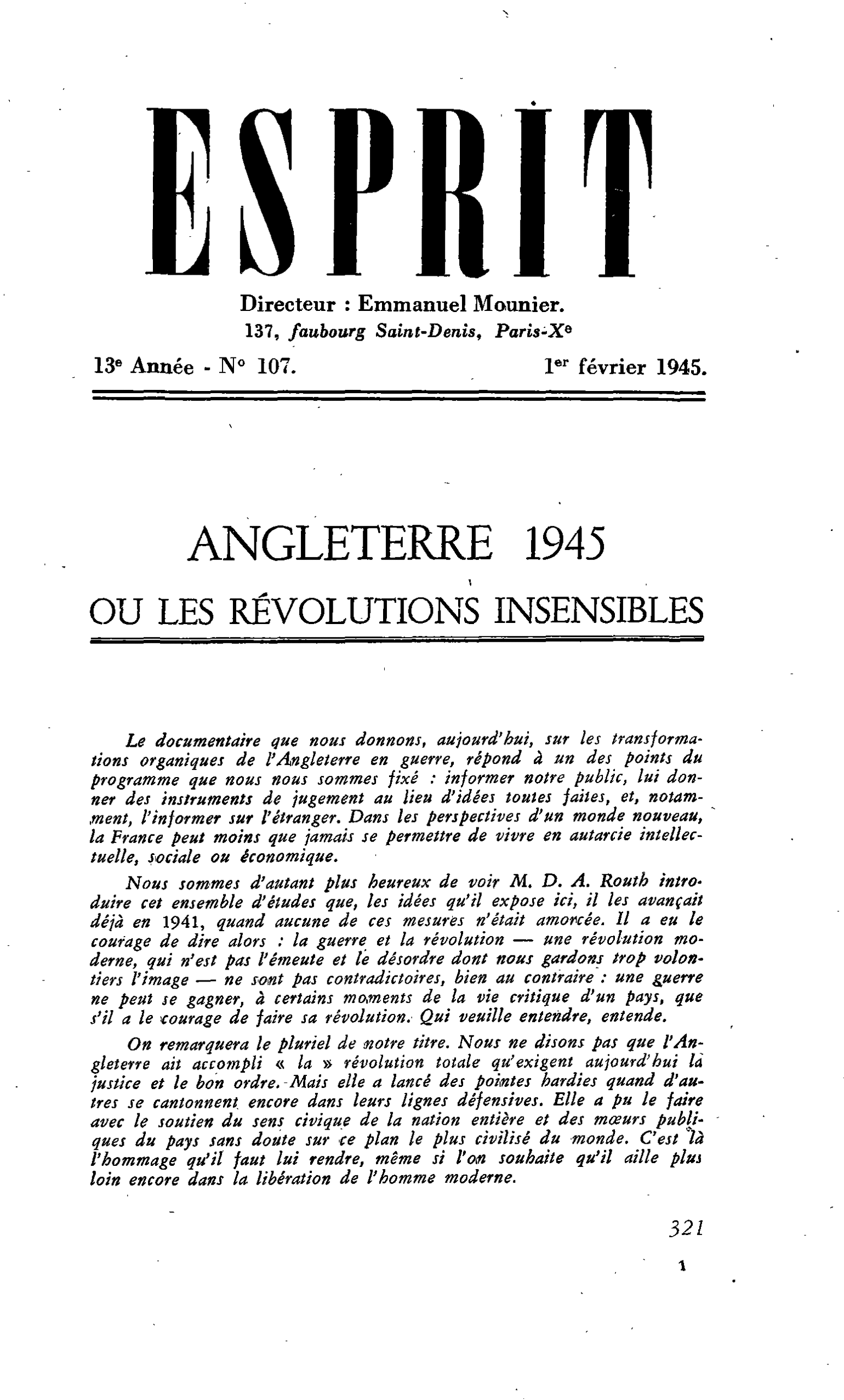 ANGLETERRE 1945 OU LES RÉVOLUTIONS INSENSIBLES