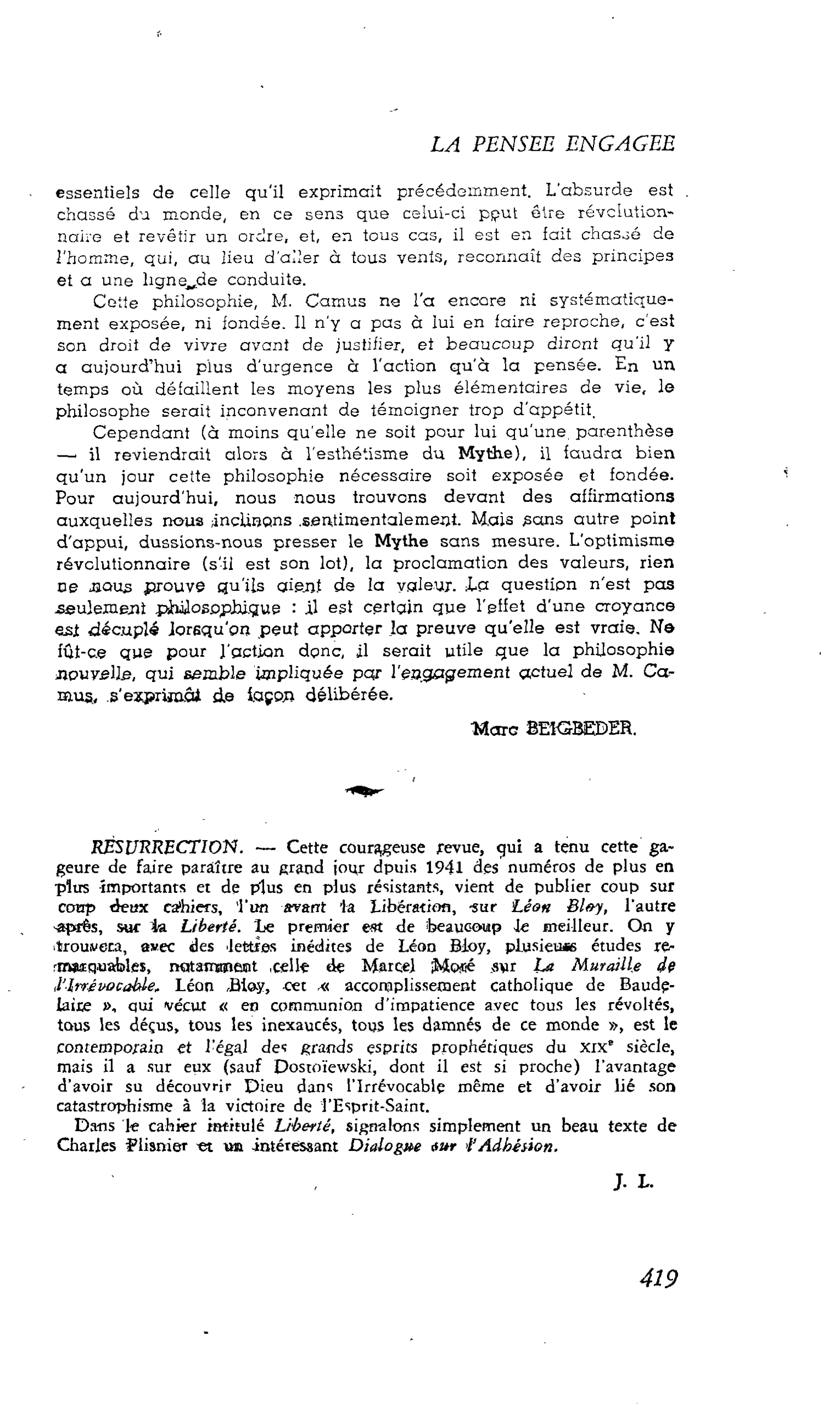 LA PENSEÉ ENGAGEÉ : RÉSURRECTION