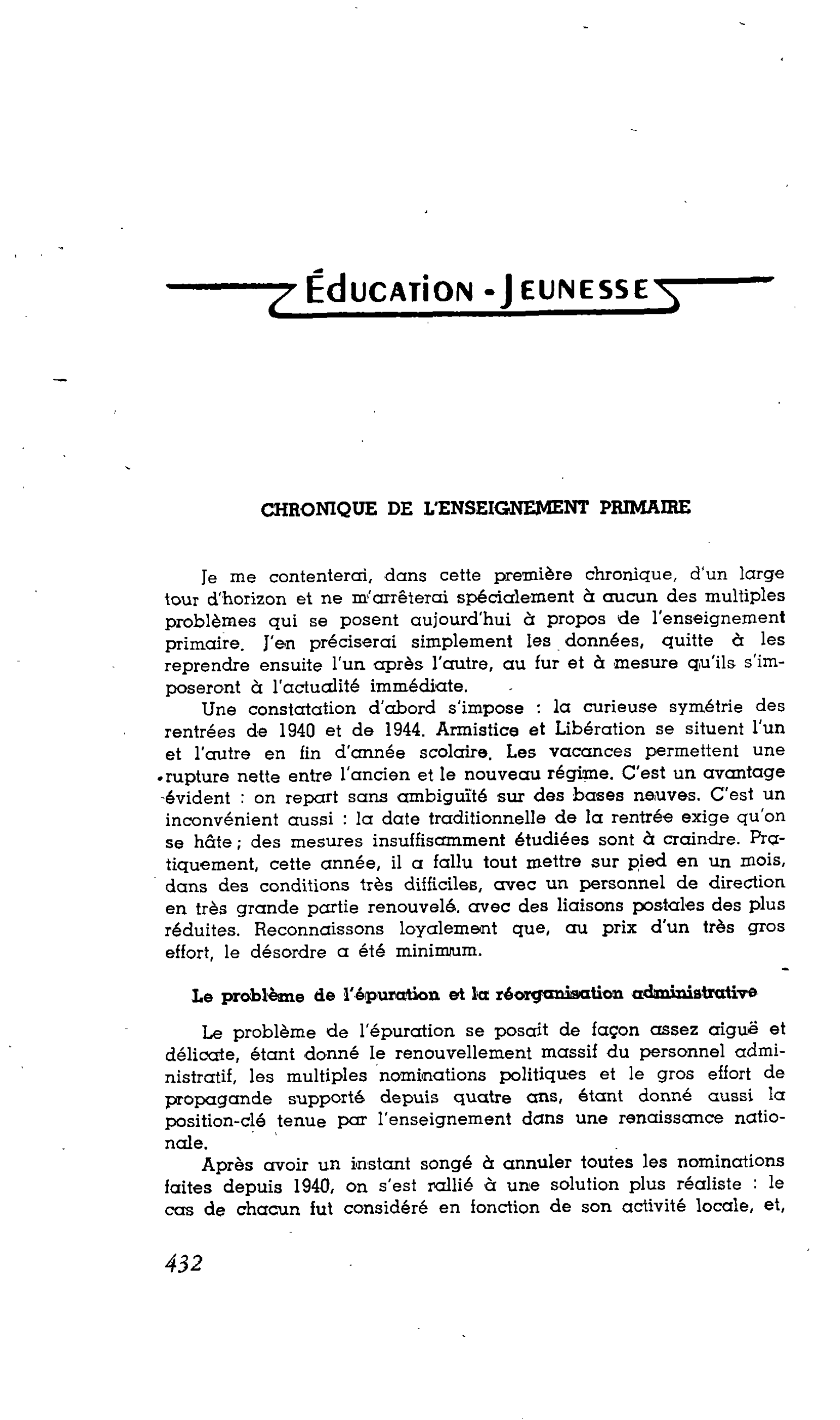 ÉDUCATION - JEUNESSE : CHRONIQUE DE L’ENSEIGNEMENT PRIMAIRE