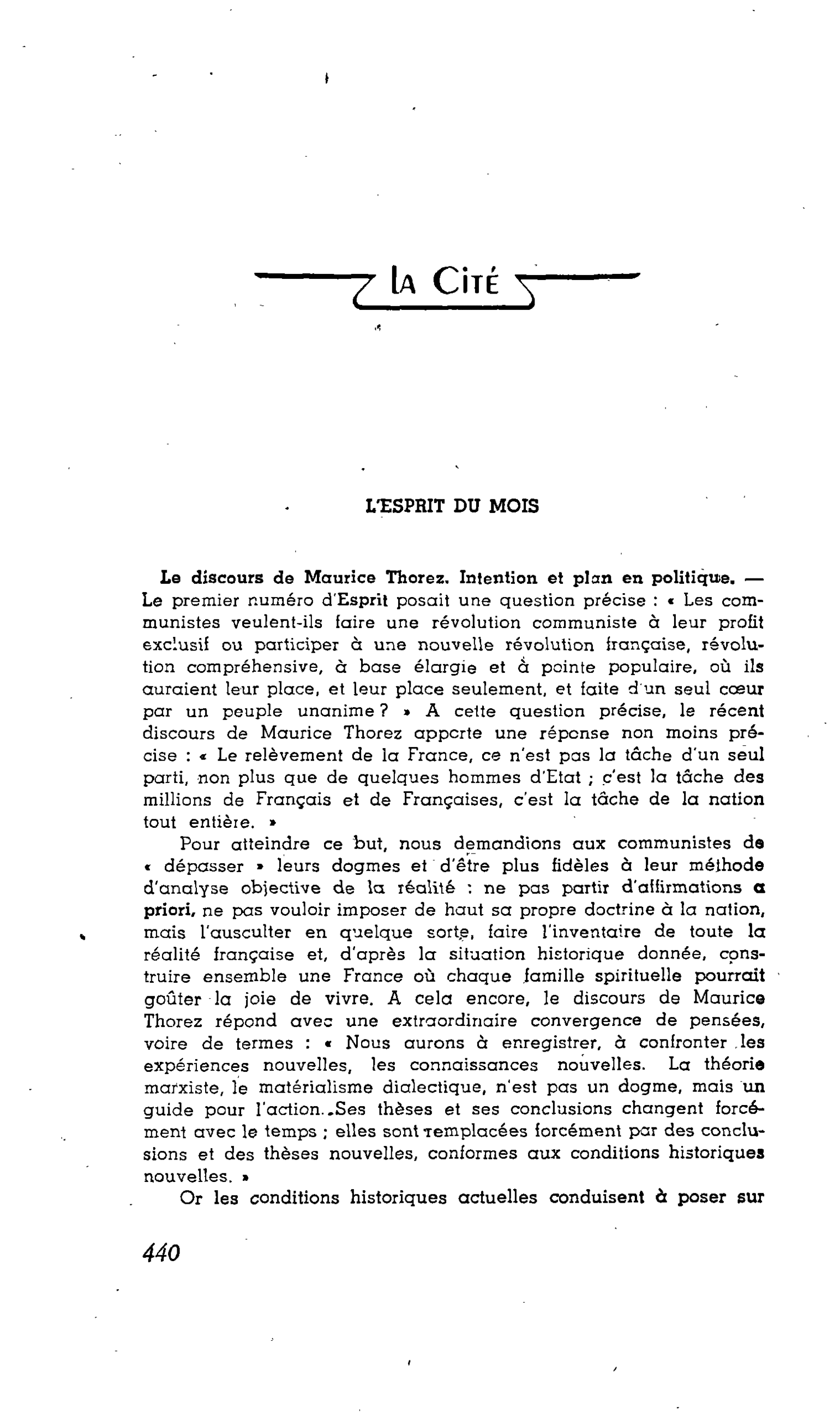 La Cité : l’esprit du mois : Le discours de Maurice Thorez. Intention et plan en politique