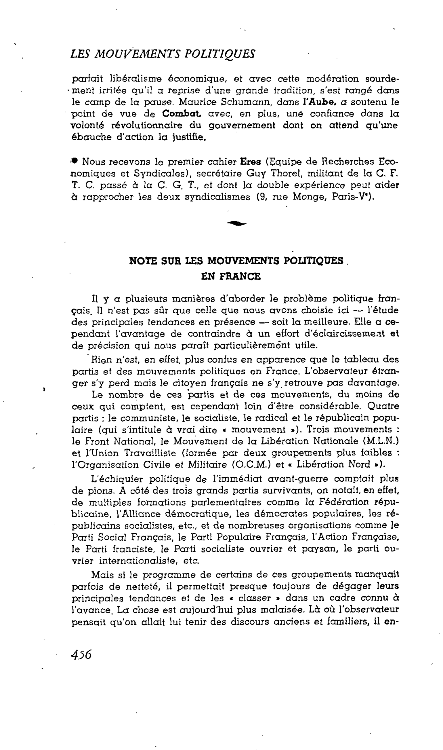 NOTE SUR LES MOUVEMENTS POLITIQUES EN FRANCE