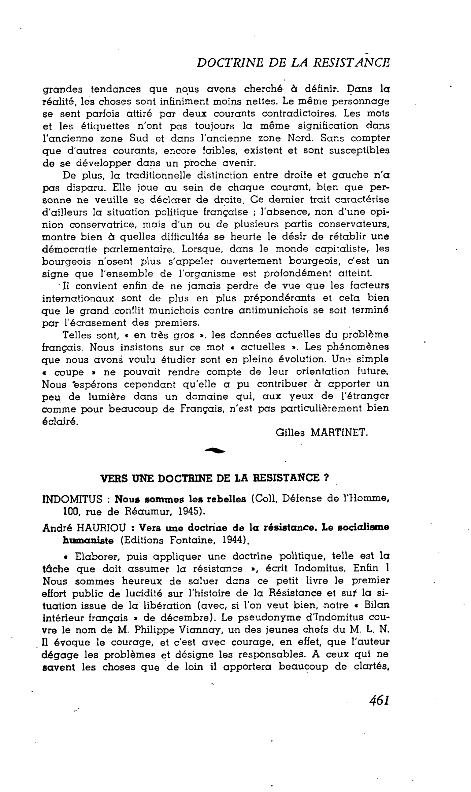 VERS UNE DOCTRINE DE LA RESISTANCE ?