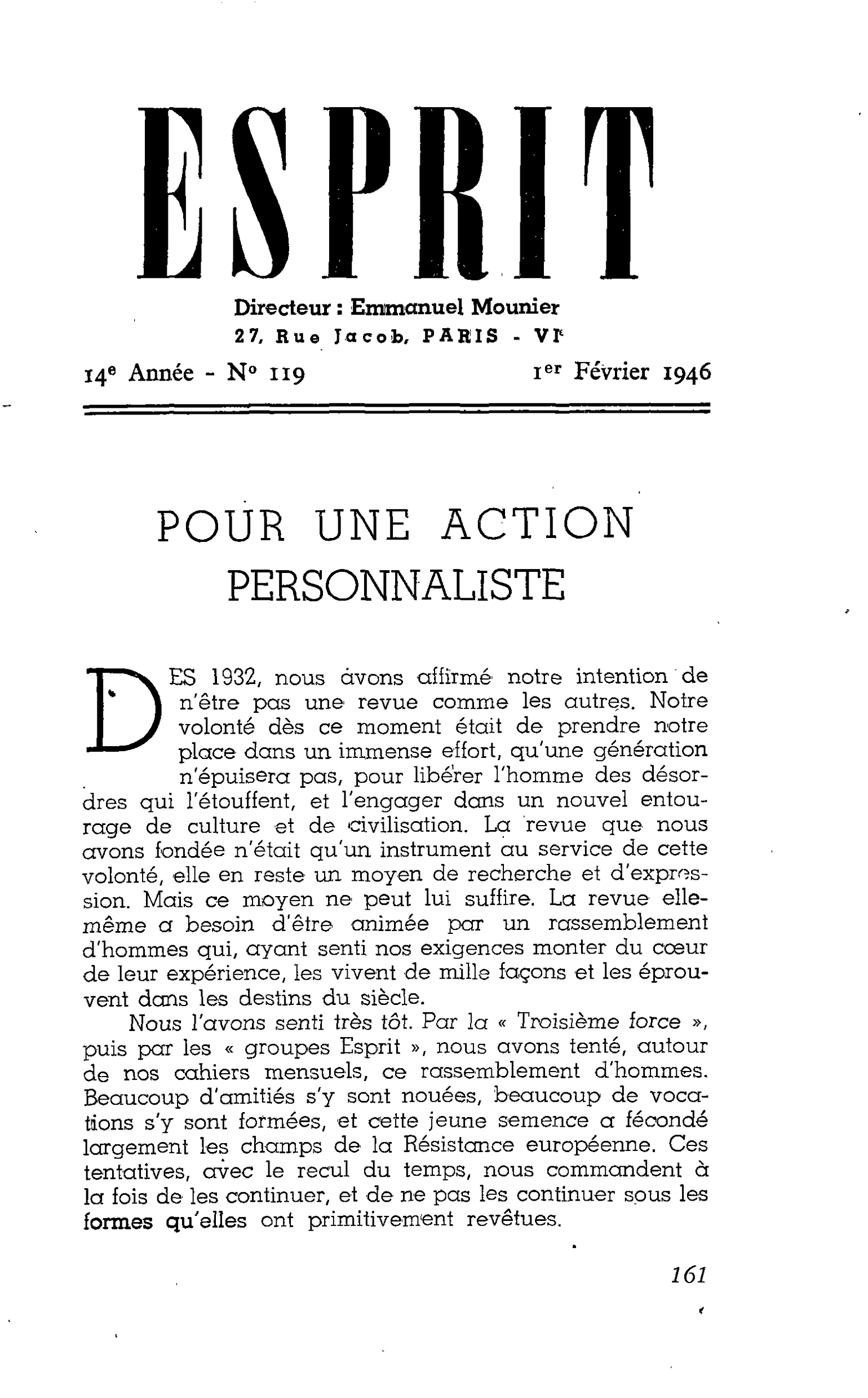 POUR UNE ACTION PERSONNALISTE
