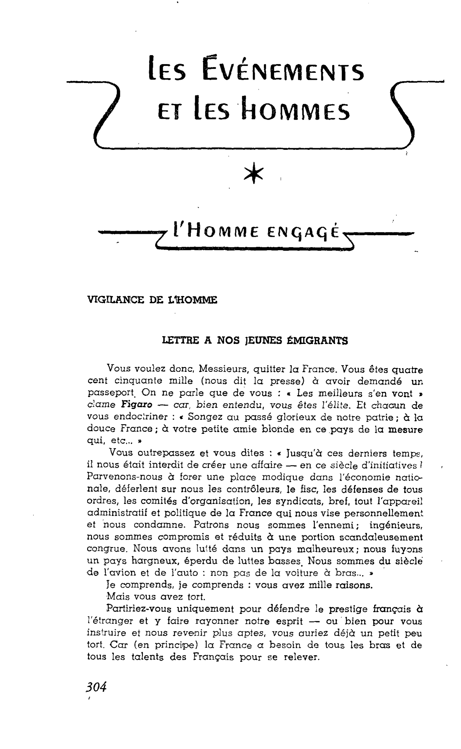 L’HOMME ENGAGÉ : VIGILANCE DE LHOMME LETTRE A NOS JEUNES ÉMIGRANTS