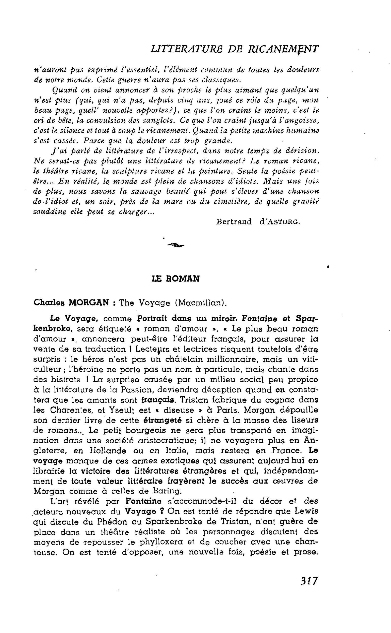 LES LETTRES. LE ROMAN. Charles MORGAN : The Voyage