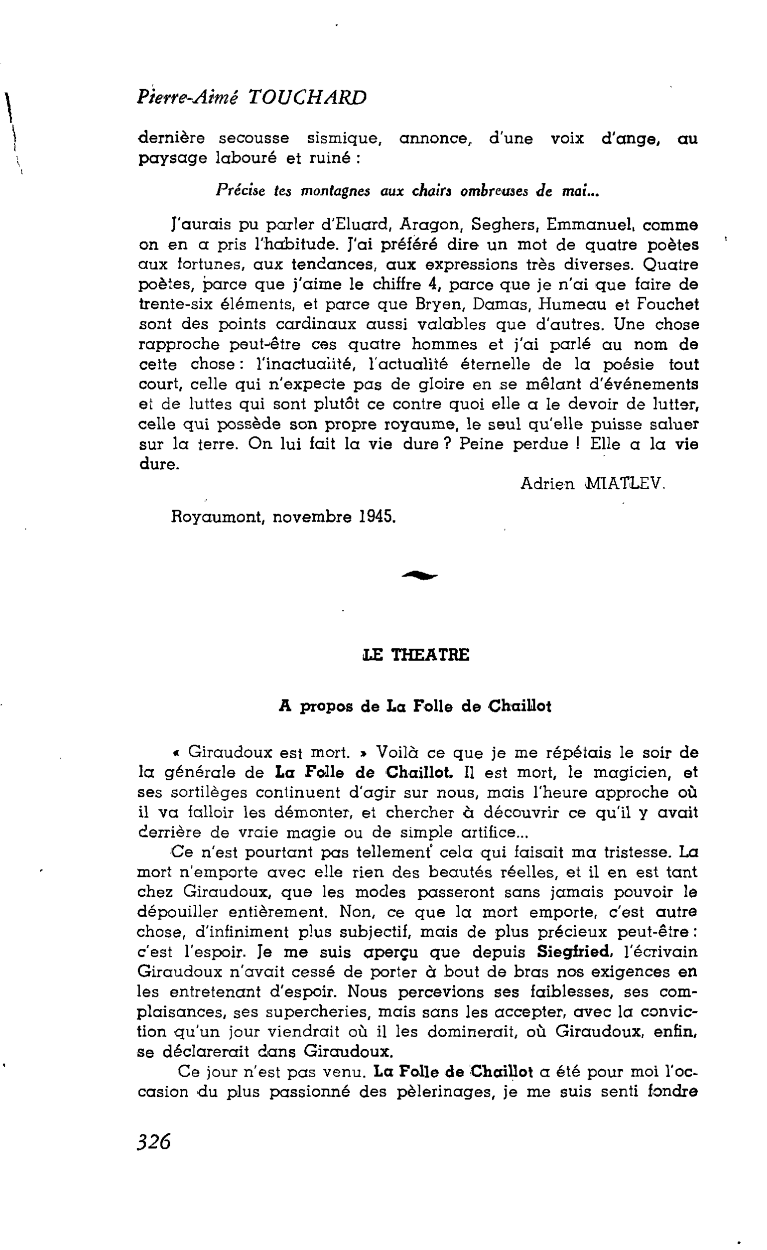 LES LETTRES. LE THEATRE : A propos de La Folle de Chaillot