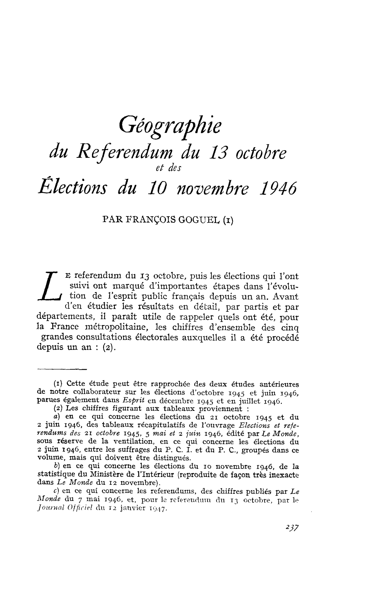 Géographie du Référendum du 13 octobre et des Elections du 10 novembre 1946