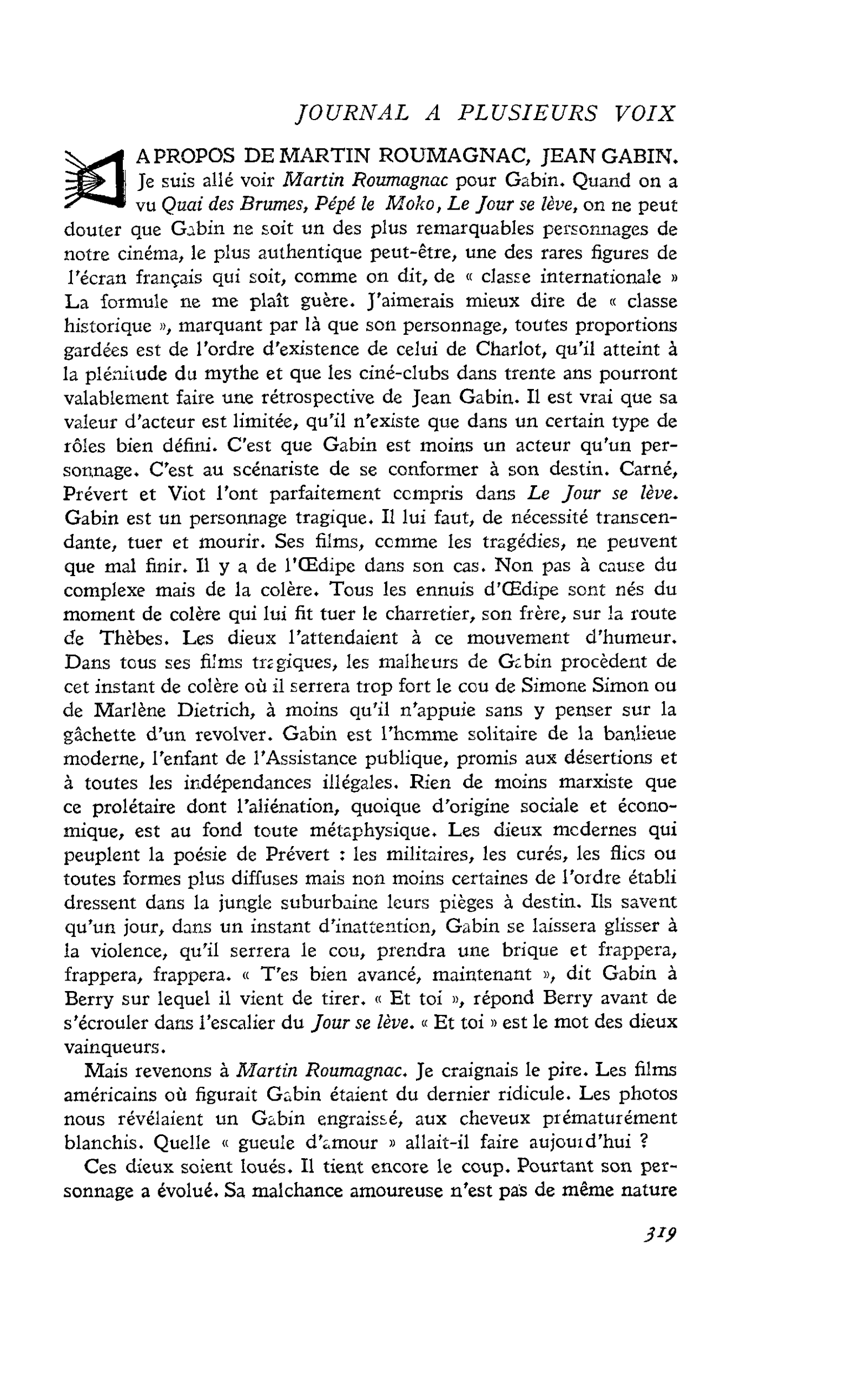 A PROPOS DE MARTIN ROUMAGNAC, JEAN GABIN