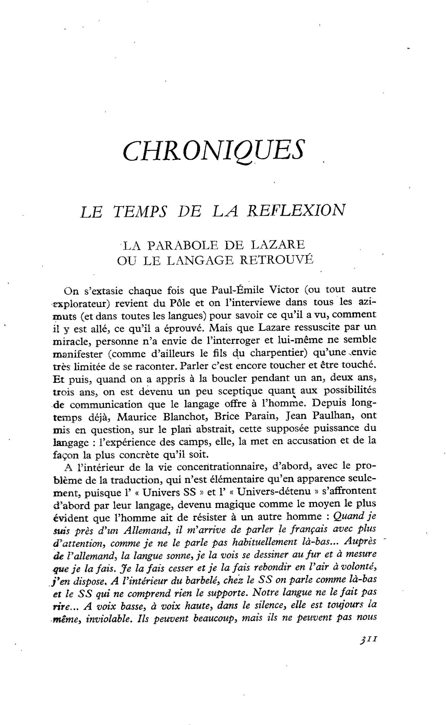 LE TEMPS DE LA REFLEXION LA PARABOLE DE LAZARE OU LE LANGAGE RETROUVÉ