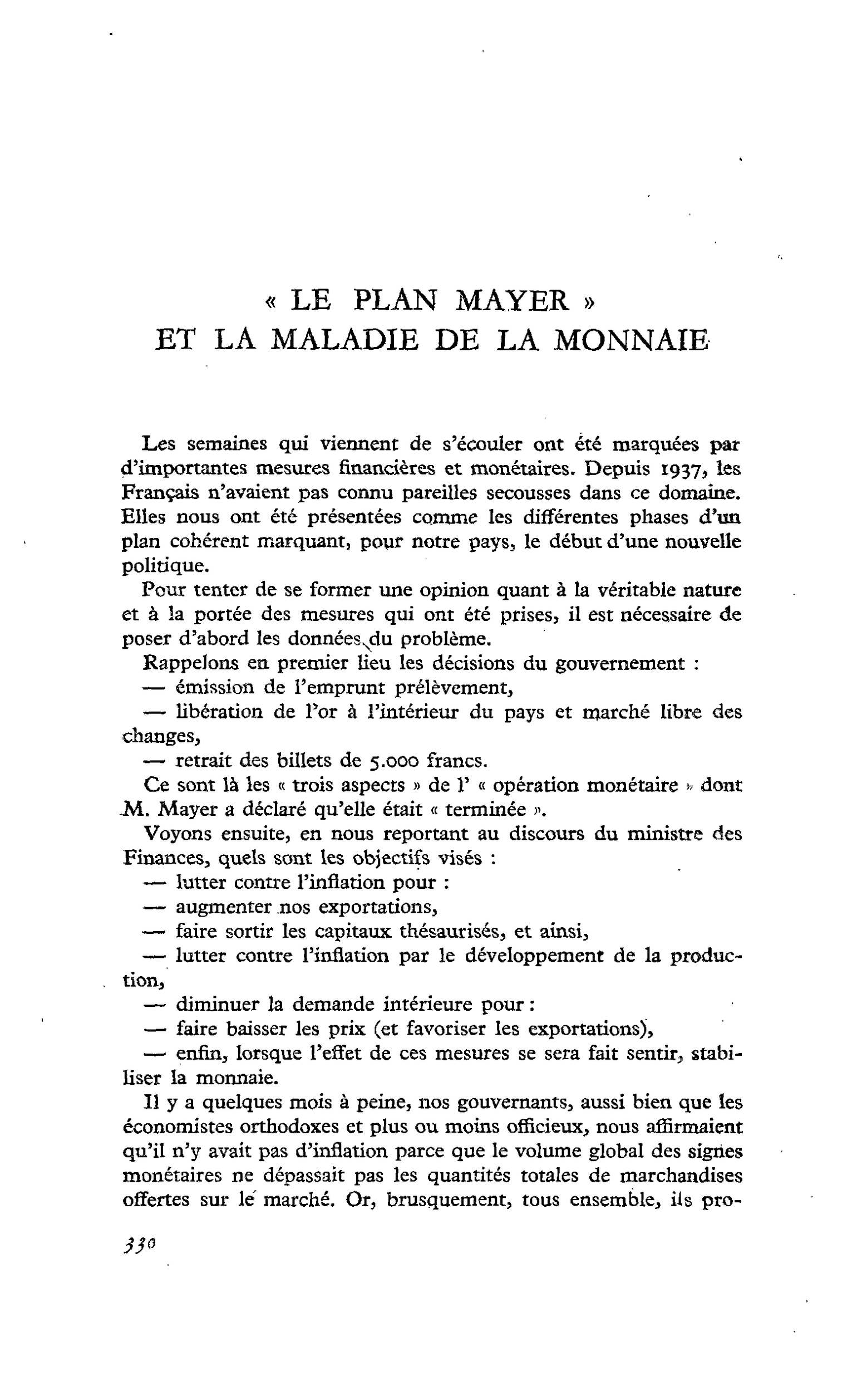 « LE PLAN MAYER » ET LA MALADIE DE LA MONNAIE