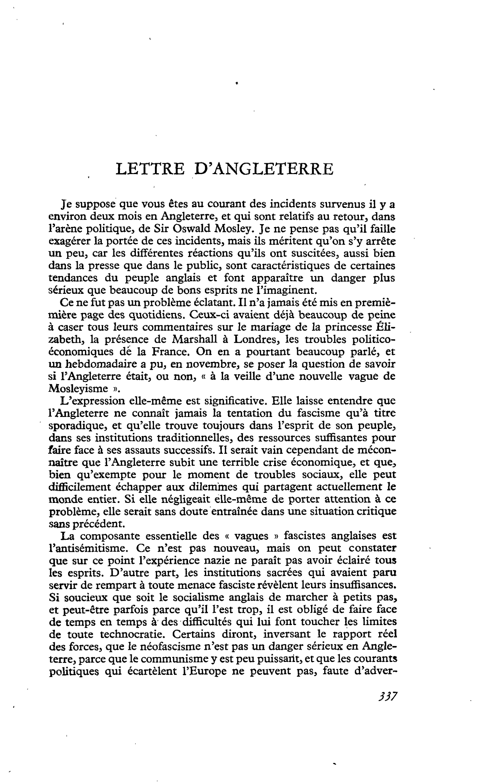 LETTRE D’ANGLETERRE