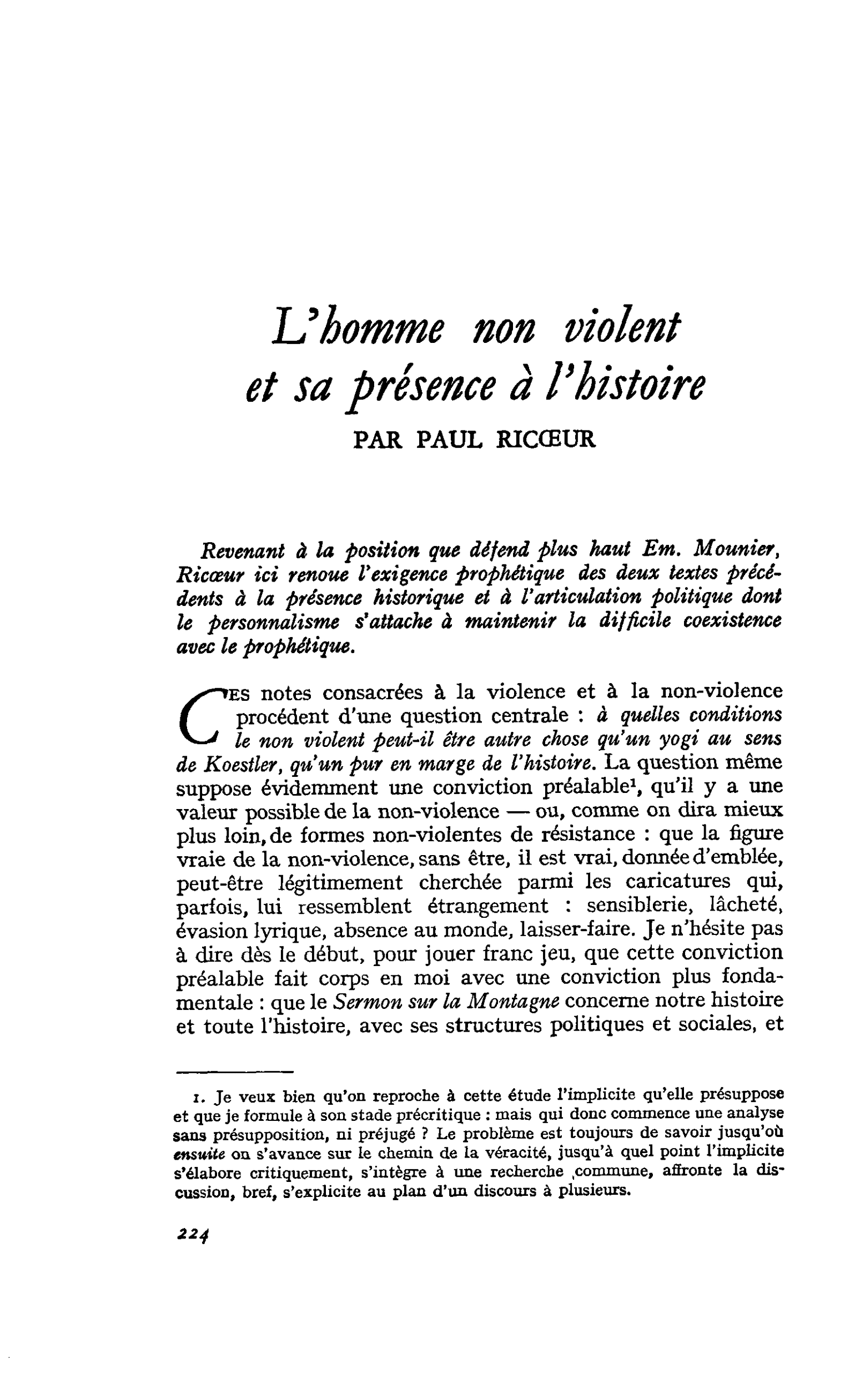 L’homme non violent et sa présence à l’histoire