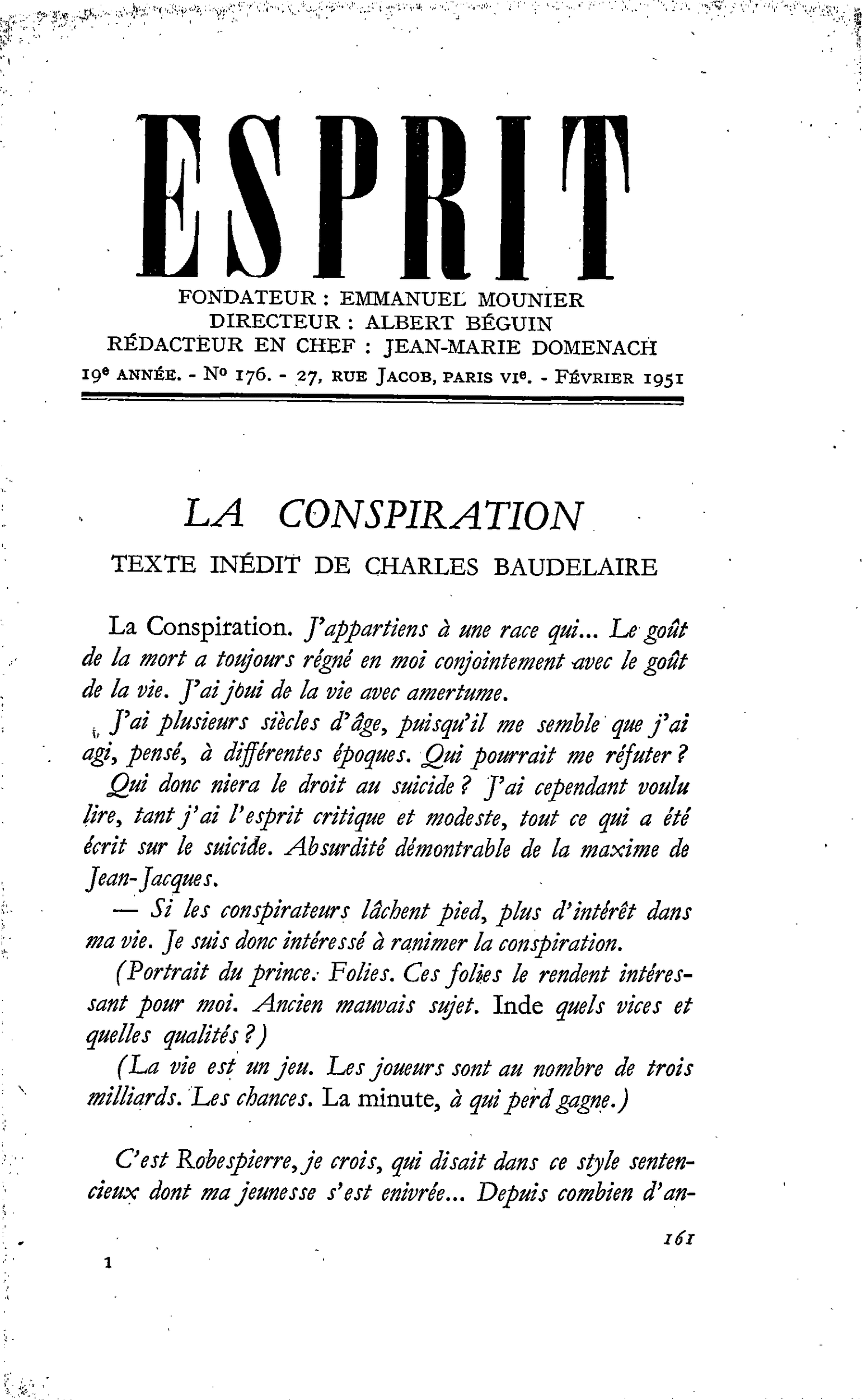 LA CONSPIRATION : TEXTE INÉDIT DE CHARLES BAUDELAIRE
