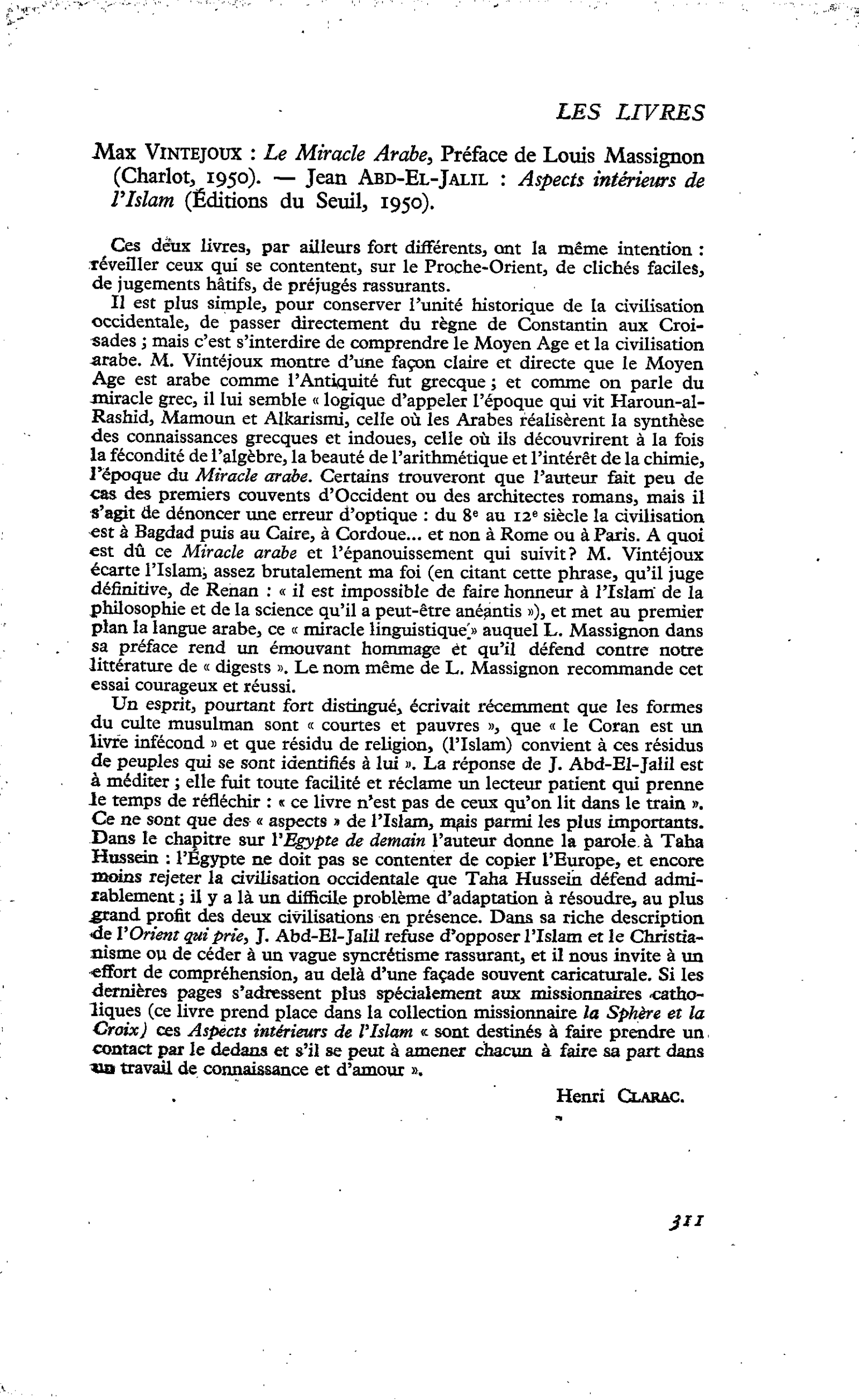 Max Vintejoux : Le Miracle Arabe, Préface de Louis Massignon? Jean Abd-El-Jalil : Aspects intérieurs de l’Islam