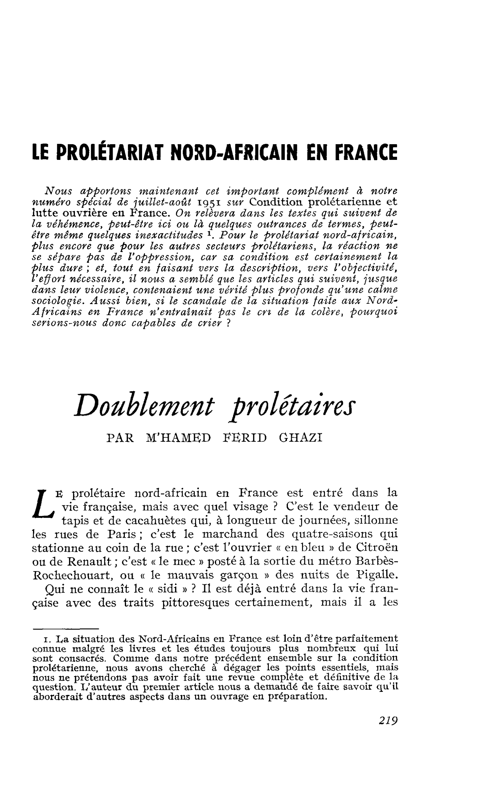 LE PROLÉTARIAT NORD-AFRICAIN EN FRANCE