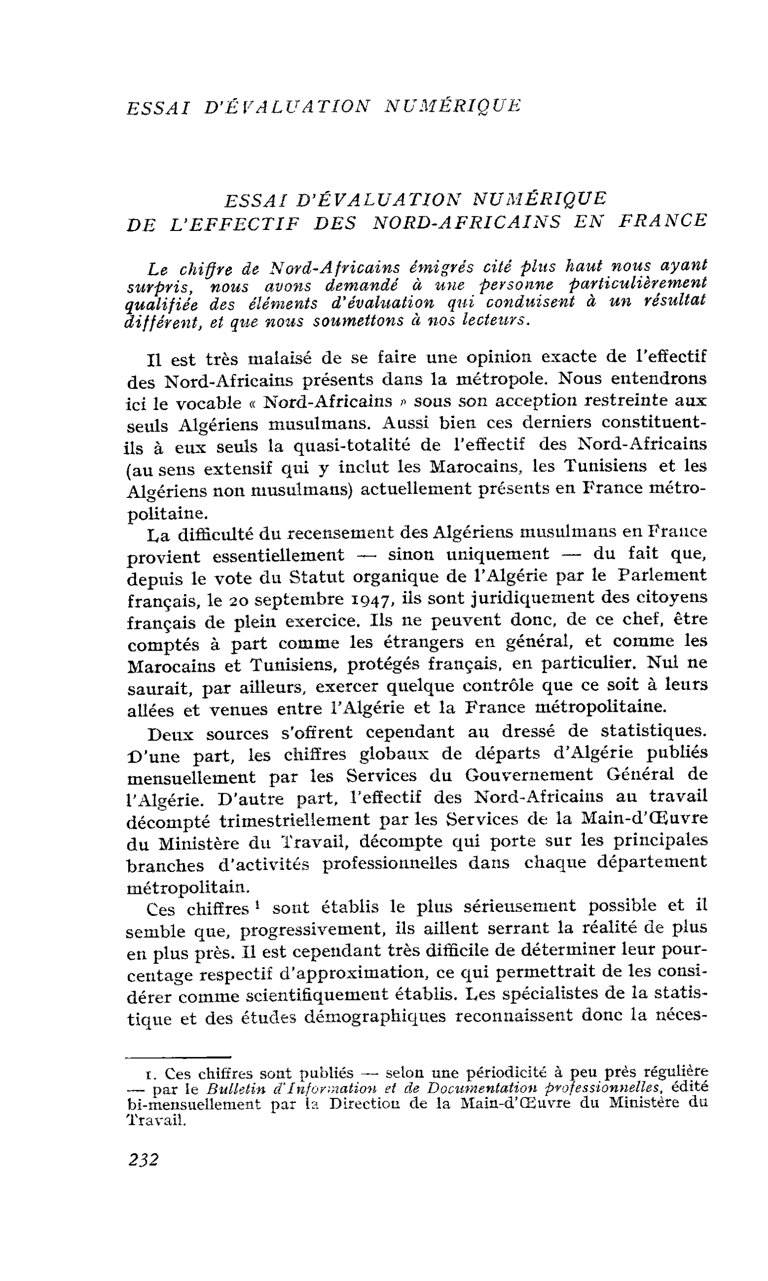 ESSAI D’ÉVALUATION NUMÉRIQUE DE L’EFFECTIF DES NORD-AFRICAINS EN FRANCE