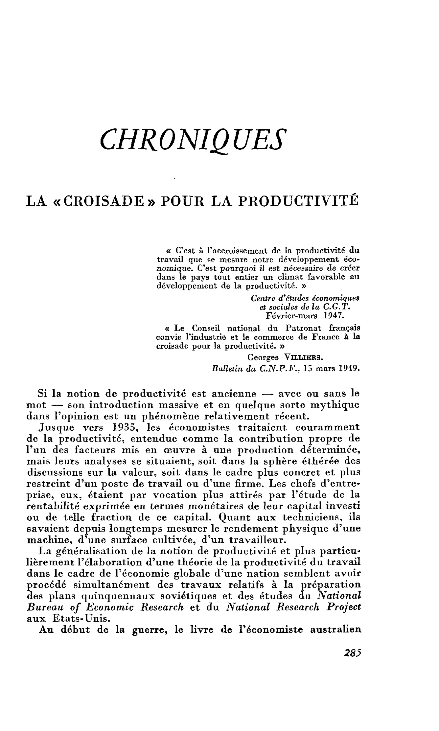 LA « CROISADE » POUR LA PRODUCTIVITÉ