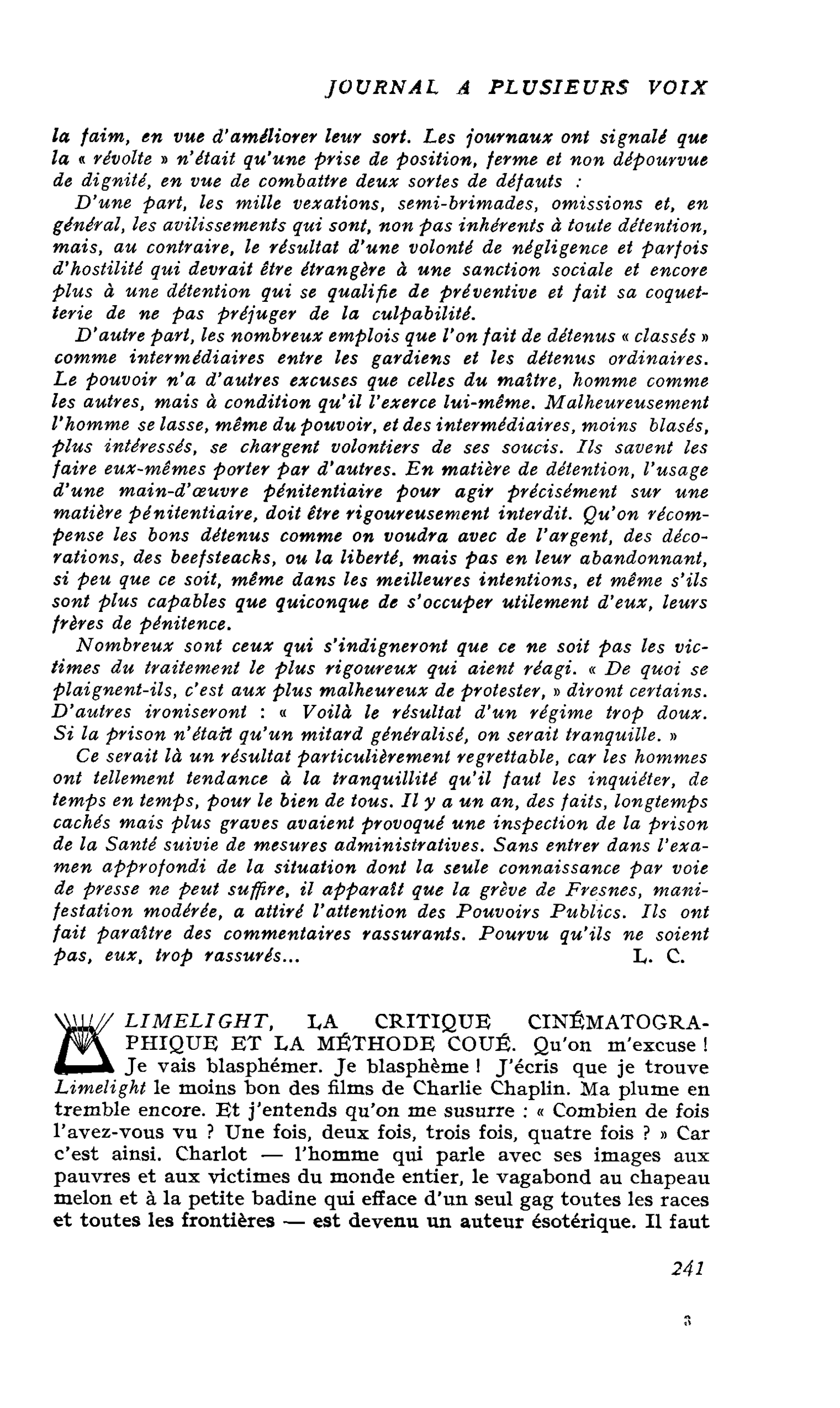 LIMELIGHT, LA CRITIQUE CINÉMATOGRAPHIQUE ET LA METHODE COUÉ