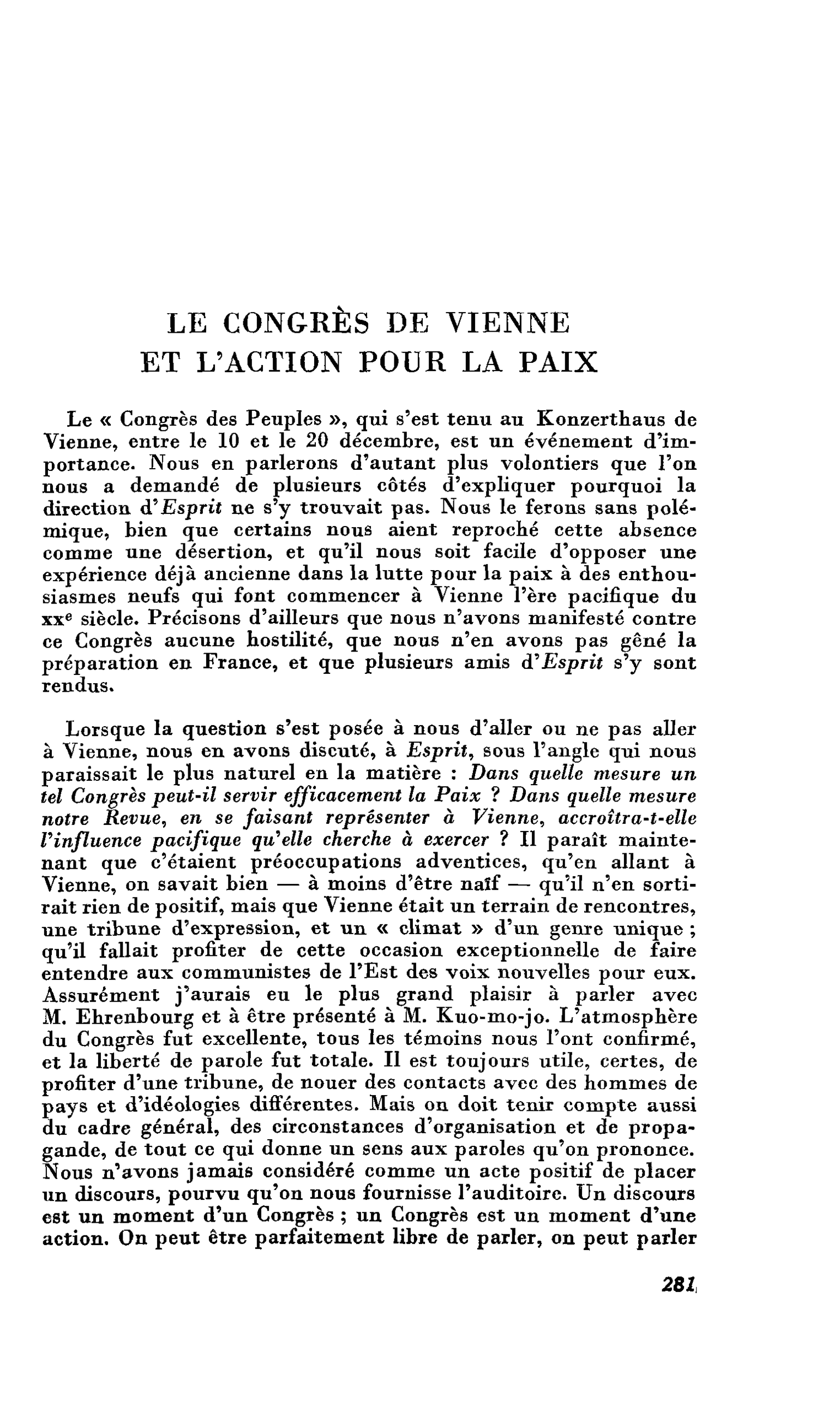 LE CONGRÈS DE VIENNE ET L’ACTION POUR LA PAIX