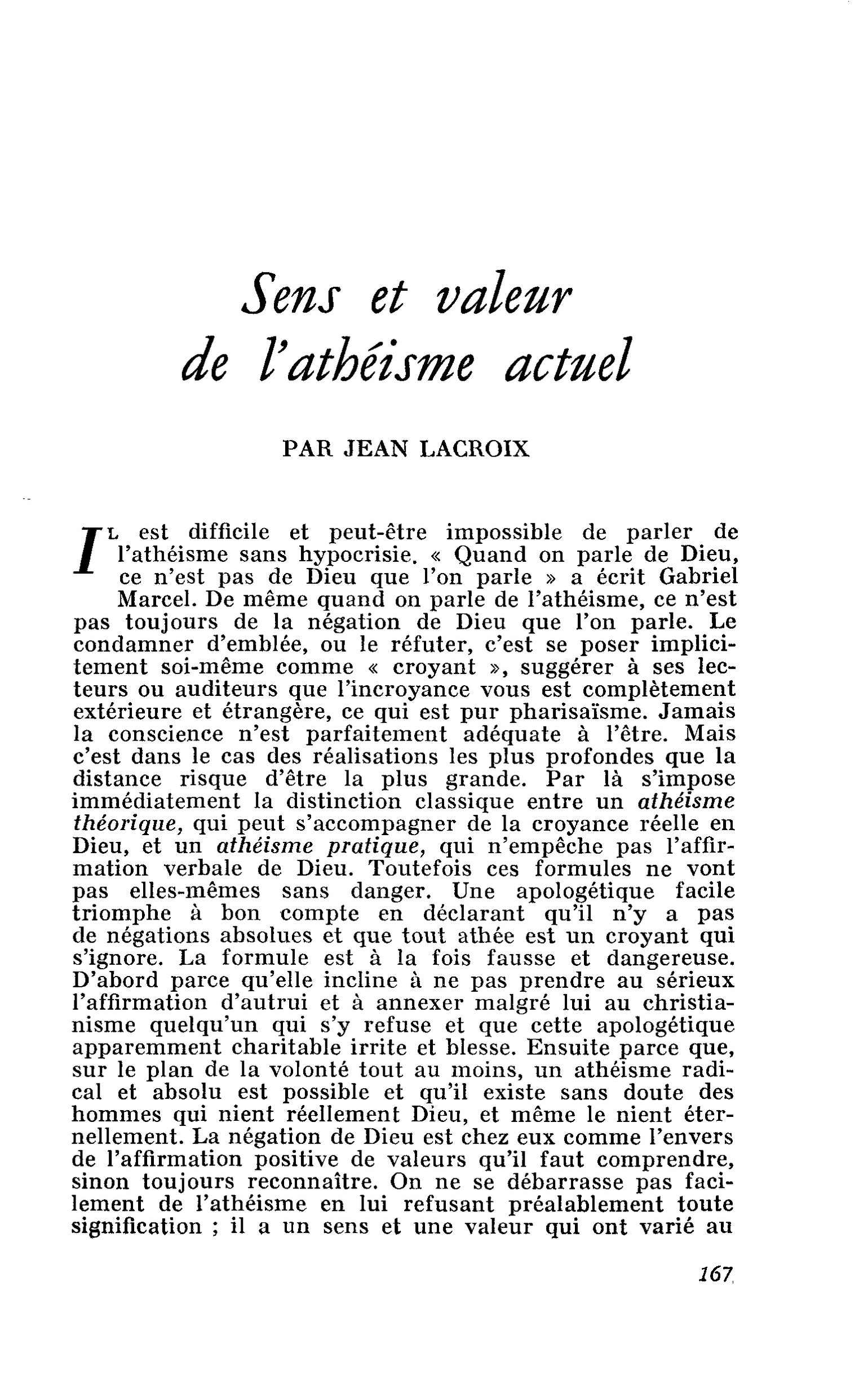 Sens et valeur de l’athéisme actuel