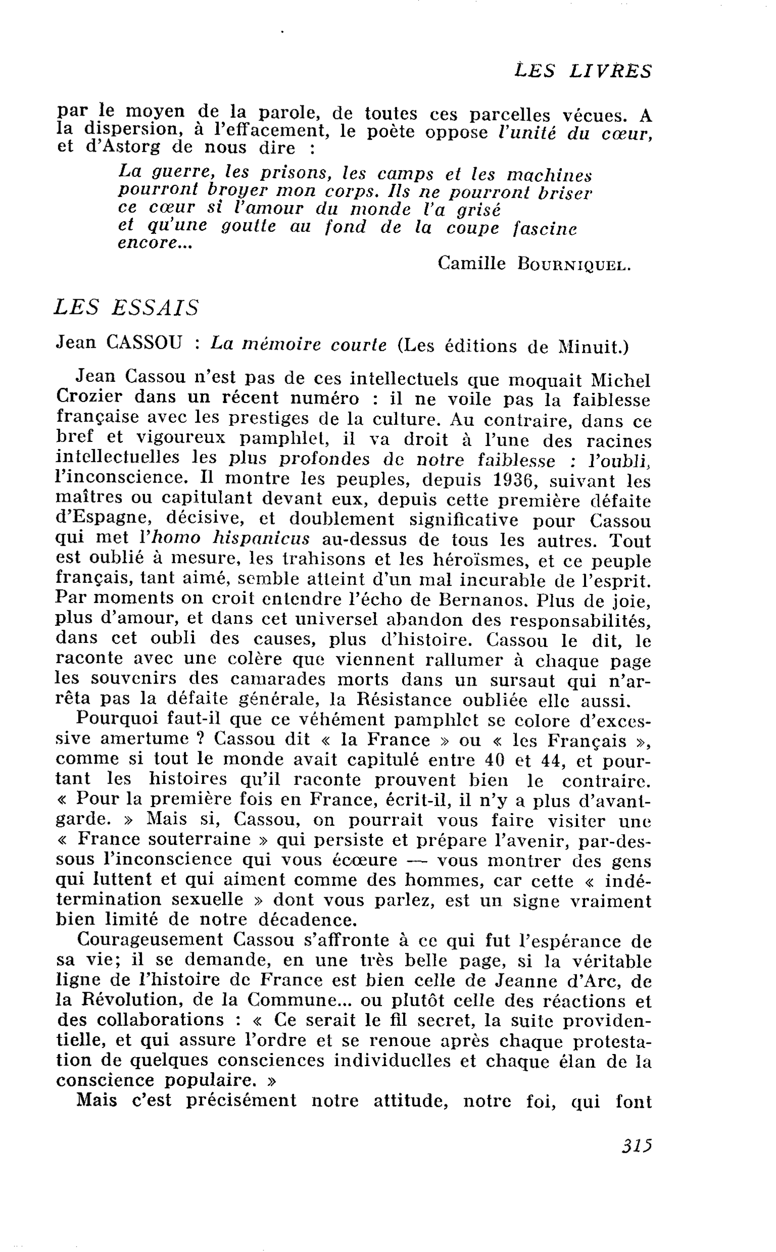 Jean CASSOU : La mémoire courte